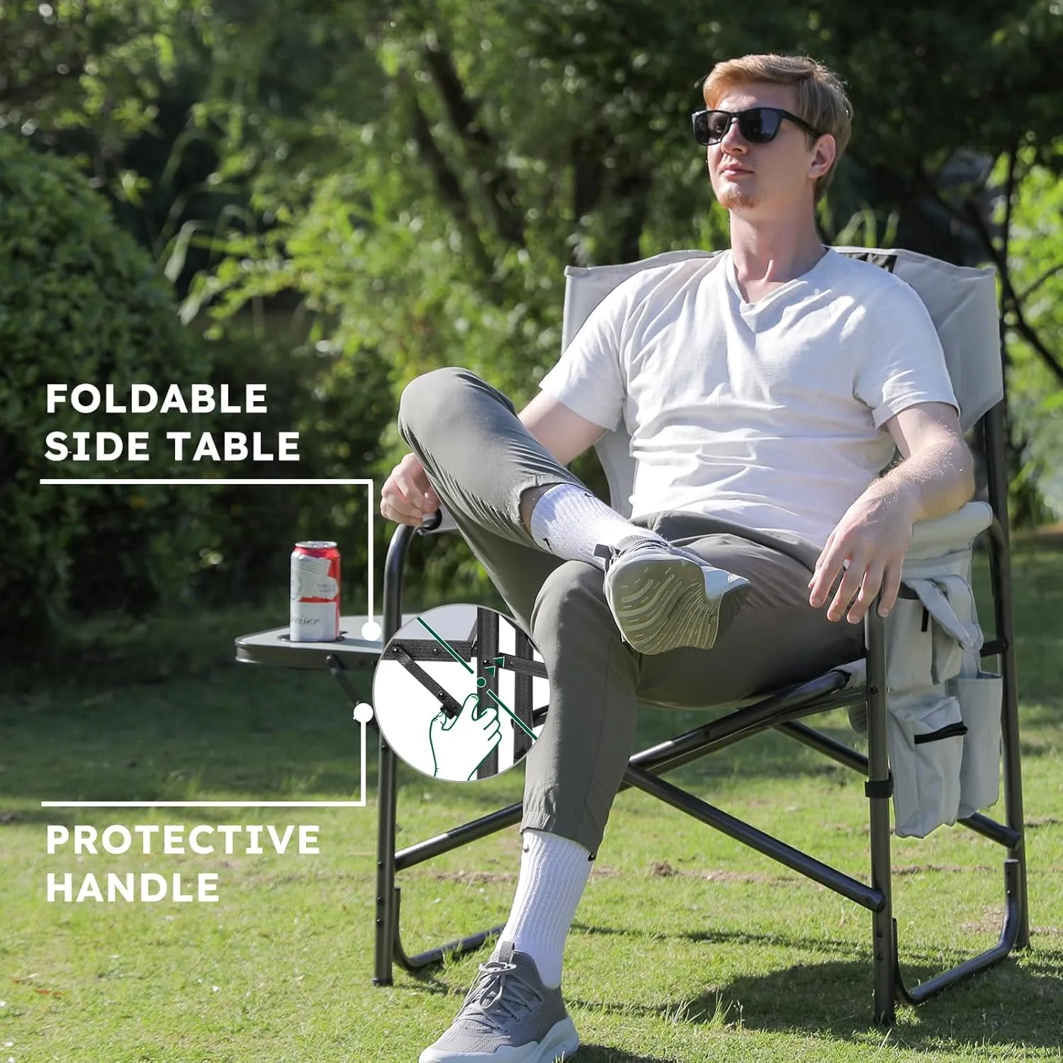 Oversized Directors Camping Chair Set of 2 Support 600 LBS, Heavy Duty Folding Outdoor Chairs with Detachable Side Pocket and Adjustable Side Table for Outside Beach,Lawn,Fishing (Black)