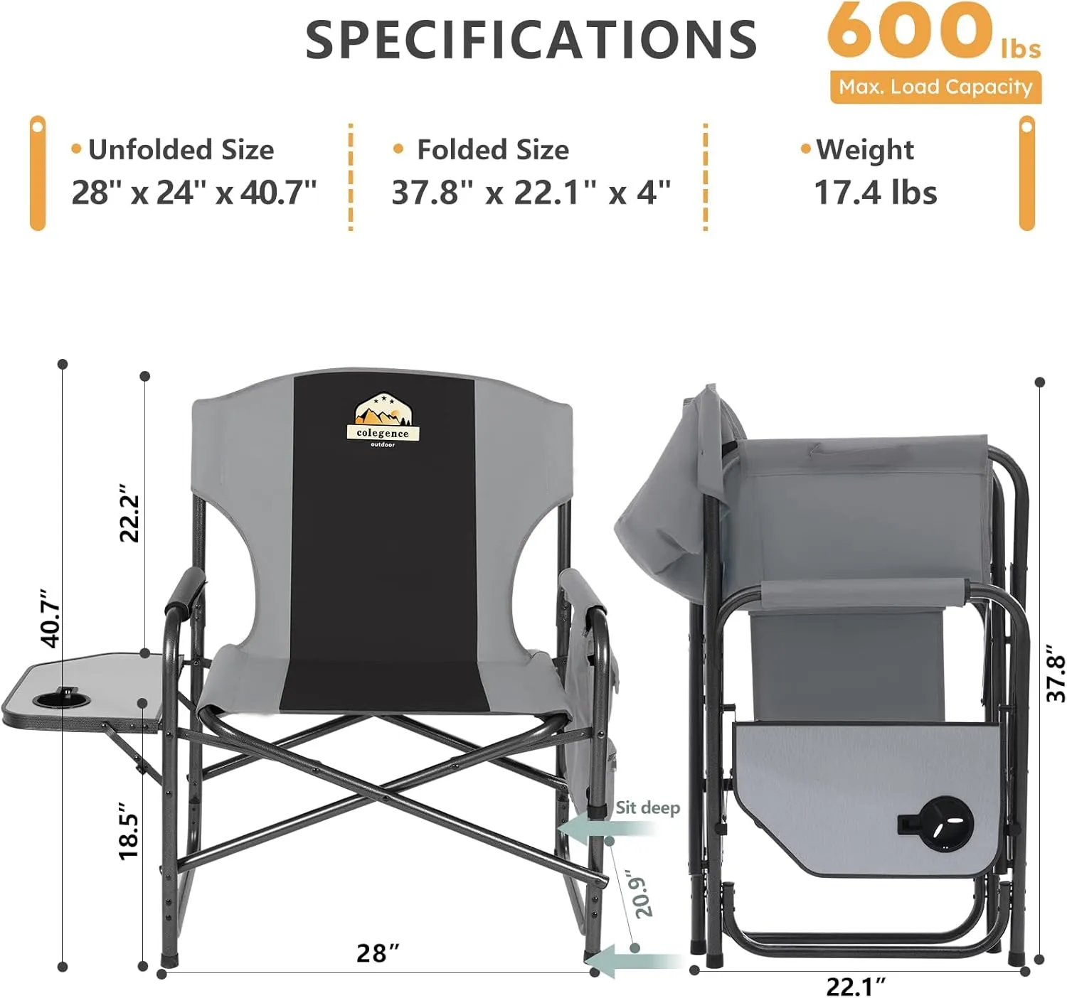 Oversized Directors Camping Chair Set of 2 Support 600 LBS, Heavy Duty Folding Outdoor Chairs with Detachable Side Pocket and Adjustable Side Table for Outside Beach,Lawn,Fishing (Black)