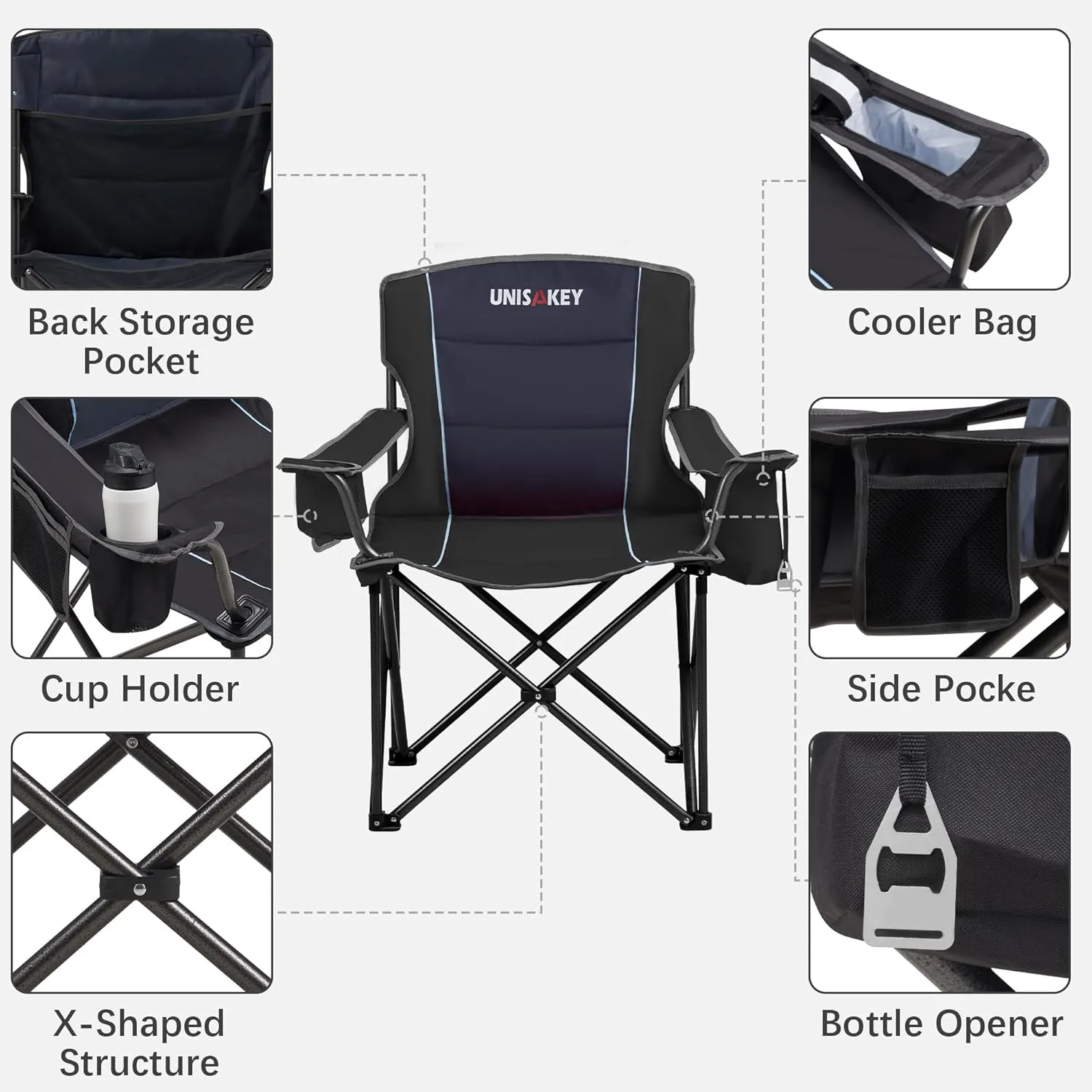 Oversized Folding Camping Chair with Cooler Bag & Cup Holder - 450lbs Capacity, 600D Oxford Fabric, Portable Rocking Chair for Fishing, Camping, Beach, Garden, Black