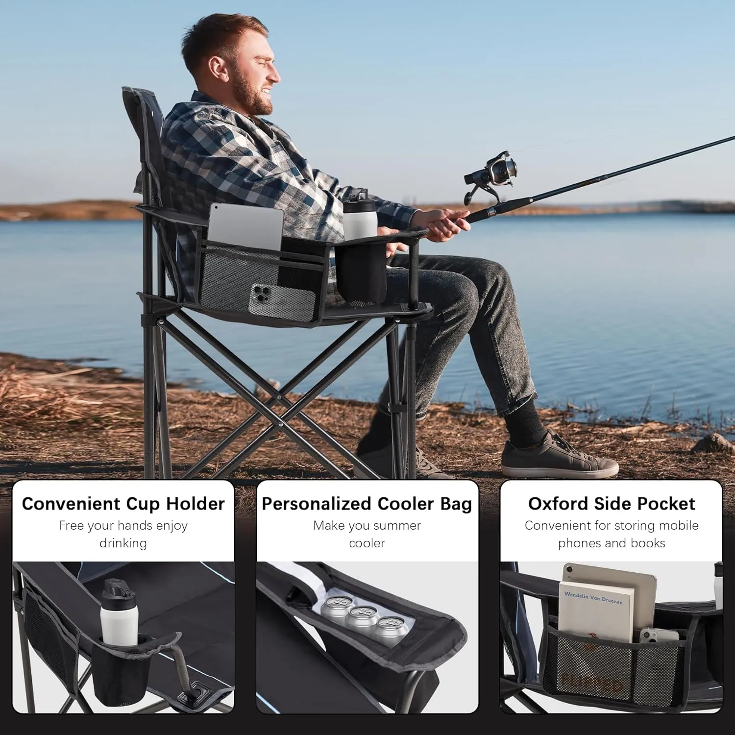 Oversized Folding Camping Chair with Cooler Bag & Cup Holder - 450lbs Capacity, 600D Oxford Fabric, Portable Rocking Chair for Fishing, Camping, Beach, Garden, Black