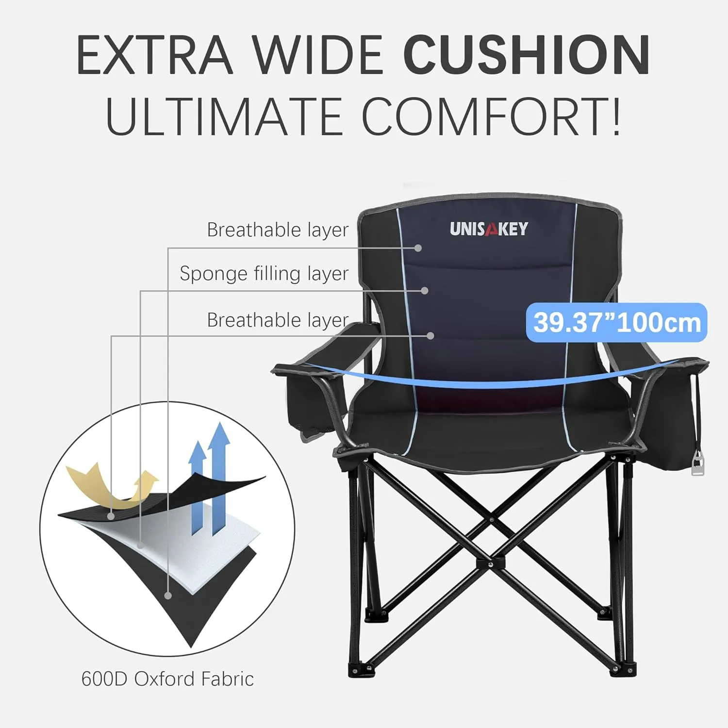 Oversized Folding Camping Chair with Cooler Bag & Cup Holder - 450lbs Capacity, 600D Oxford Fabric, Portable Rocking Chair for Fishing, Camping, Beach, Garden, Black