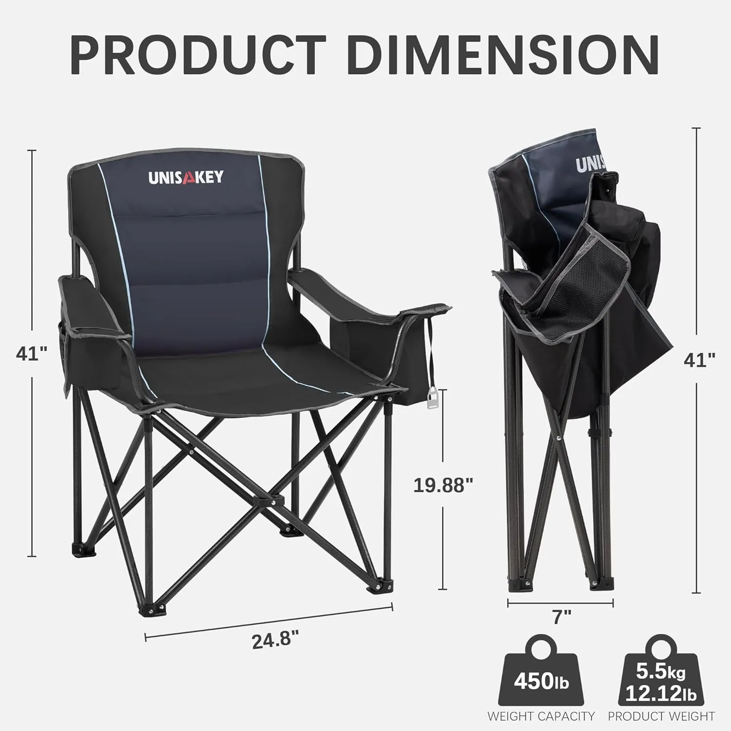 Oversized Folding Camping Chair with Cooler Bag & Cup Holder - 450lbs Capacity, 600D Oxford Fabric, Portable Rocking Chair for Fishing, Camping, Beach, Garden, Black