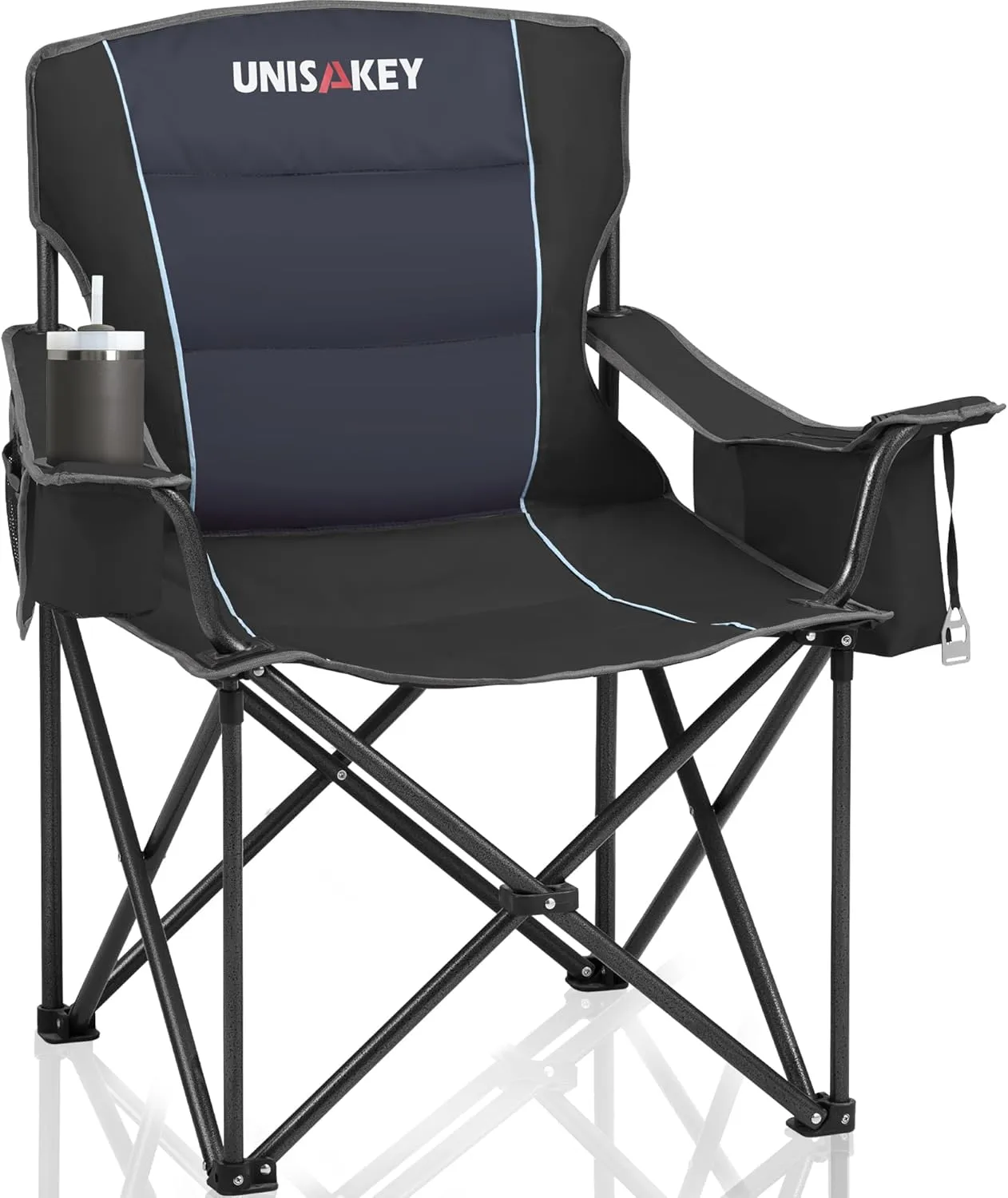 Oversized Folding Camping Chair with Cooler Bag & Cup Holder - 450lbs Capacity, 600D Oxford Fabric, Portable Rocking Chair for Fishing, Camping, Beach, Garden, Black