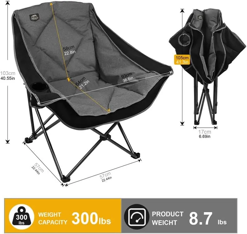 Oversized Folding Camping Chairs,Portable Heavy Duty Outdoor Padded Lawn Chair w/Cup Holder Perfect for Adults Picnic,Parties,Picnics and Beach Trips,Black