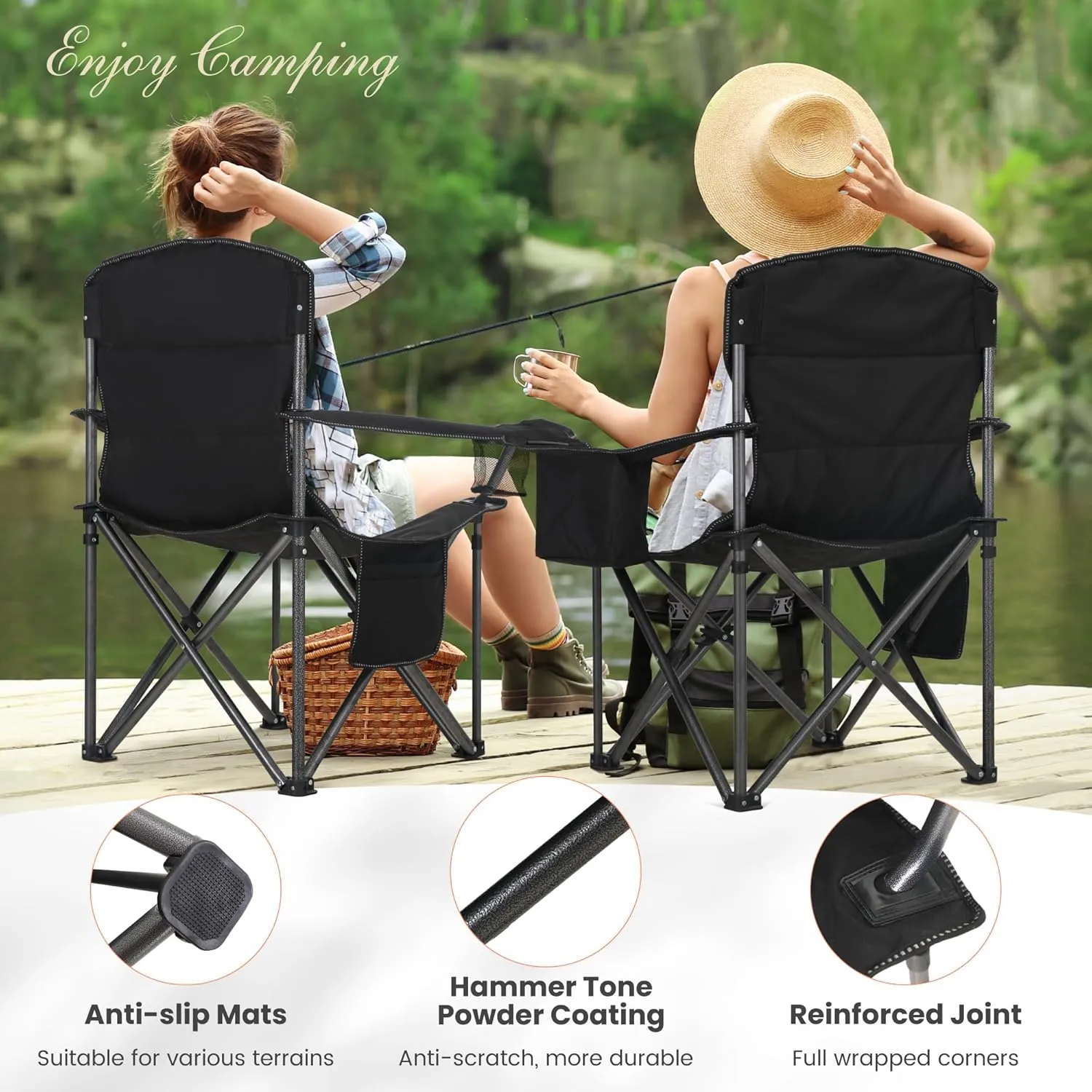Oversized Portable Camping Folding Chair, Heavy Duty Foldable Outdoor Chair, Camp Chair with Cup Holder and Cooler Bag Support 450 LBS, Black…