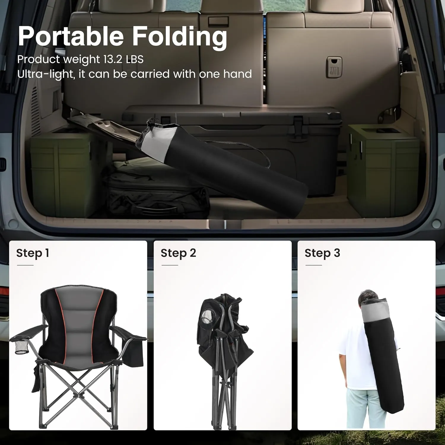 Oversized Portable Camping Folding Chair, Heavy Duty Foldable Outdoor Chair, Camp Chair with Cup Holder and Cooler Bag Support 450 LBS, Black…