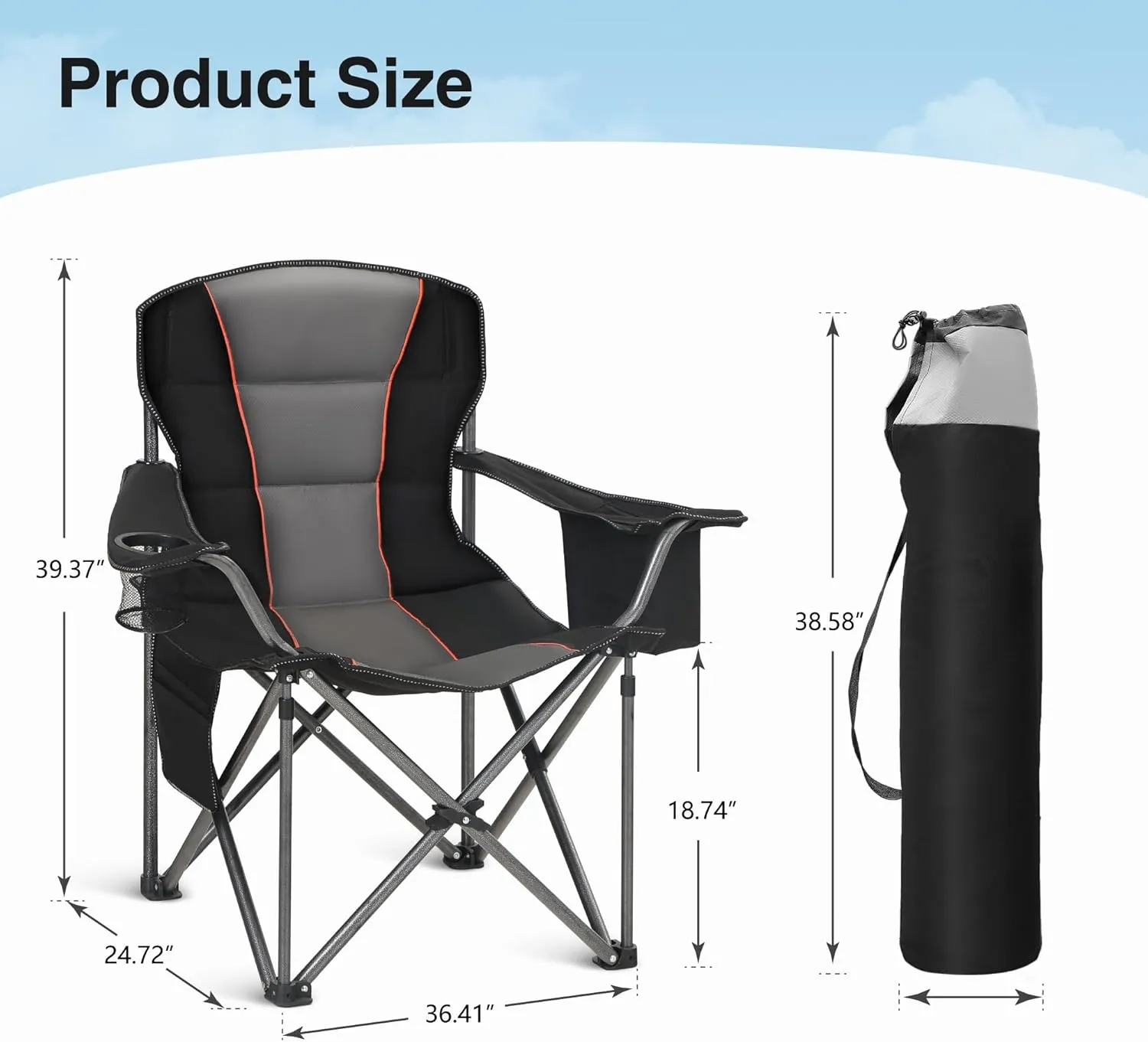 Oversized Portable Camping Folding Chair, Heavy Duty Foldable Outdoor Chair, Camp Chair with Cup Holder and Cooler Bag Support 450 LBS, Black…