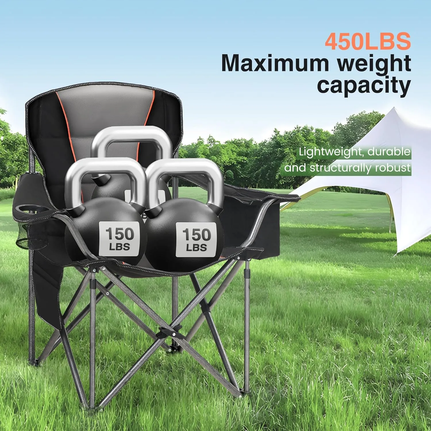 Oversized Portable Camping Folding Chair, Heavy Duty Foldable Outdoor Chair, Camp Chair with Cup Holder and Cooler Bag Support 450 LBS, Black…