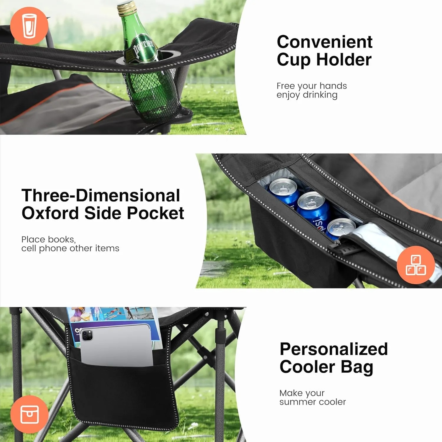 Oversized Portable Camping Folding Chair, Heavy Duty Foldable Outdoor Chair, Camp Chair with Cup Holder and Cooler Bag Support 450 LBS, Black…