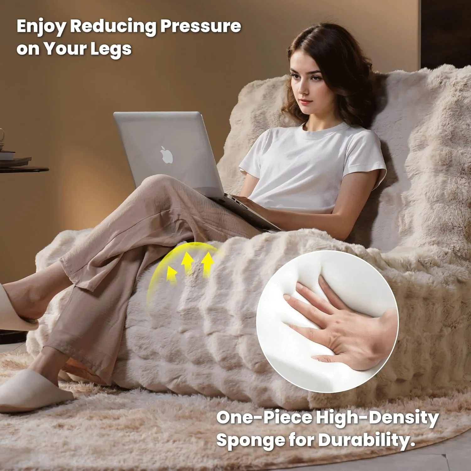 ovios Bean Bag Chair for Adult, Oversized Giant Beanbag with Plush Faux Fur, Comfy Large Big Lounger Floor Lazy Chair for Indoor Fireside Living Room Bedroom Dorm, Beige