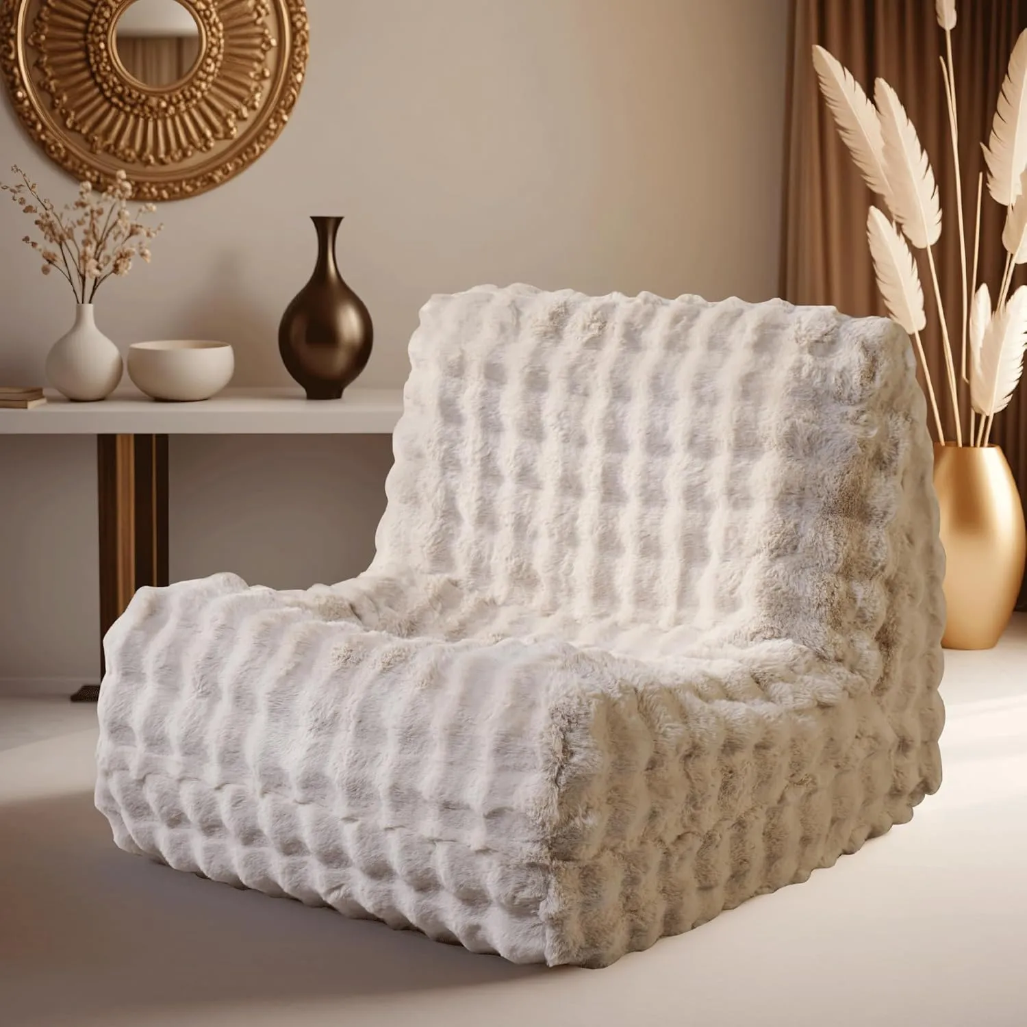 ovios Bean Bag Chair for Adult, Oversized Giant Beanbag with Plush Faux Fur, Comfy Large Big Lounger Floor Lazy Chair for Indoor Fireside Living Room Bedroom Dorm, Beige