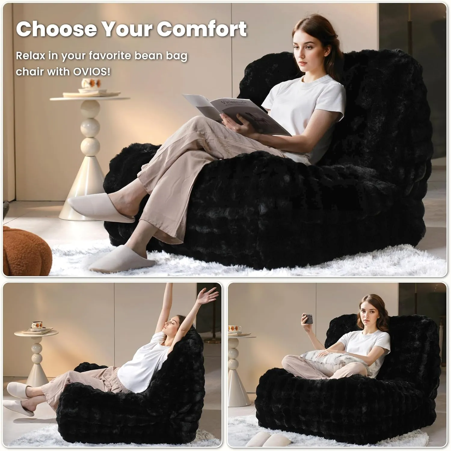 ovios Bean Bag Chair for Adult, Oversized Giant Beanbag with Plush Faux Fur, Comfy Large Big Lounger Floor Lazy Chair for Indoor Fireside Living Room Bedroom Dorm, Black