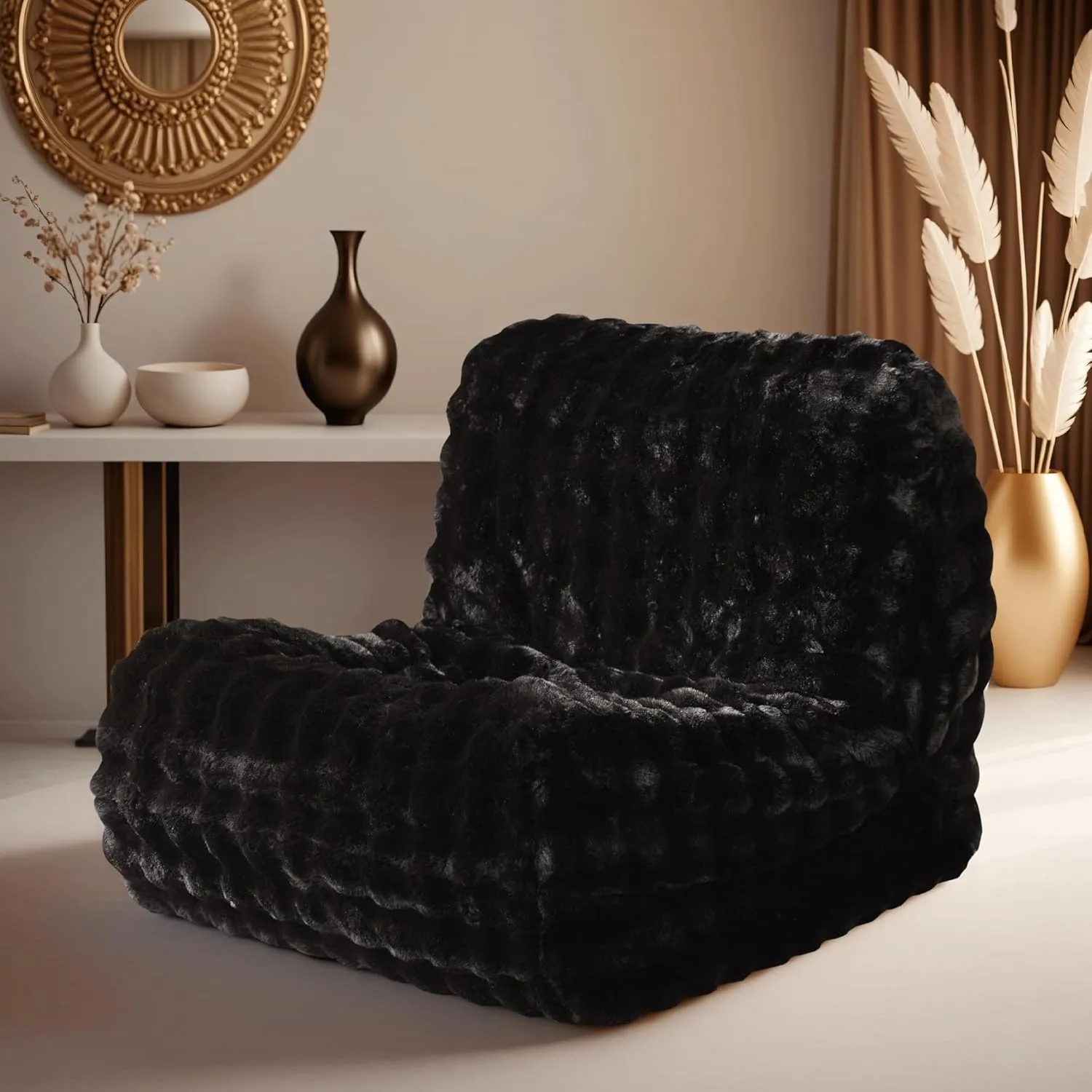 ovios Bean Bag Chair for Adult, Oversized Giant Beanbag with Plush Faux Fur, Comfy Large Big Lounger Floor Lazy Chair for Indoor Fireside Living Room Bedroom Dorm, Black