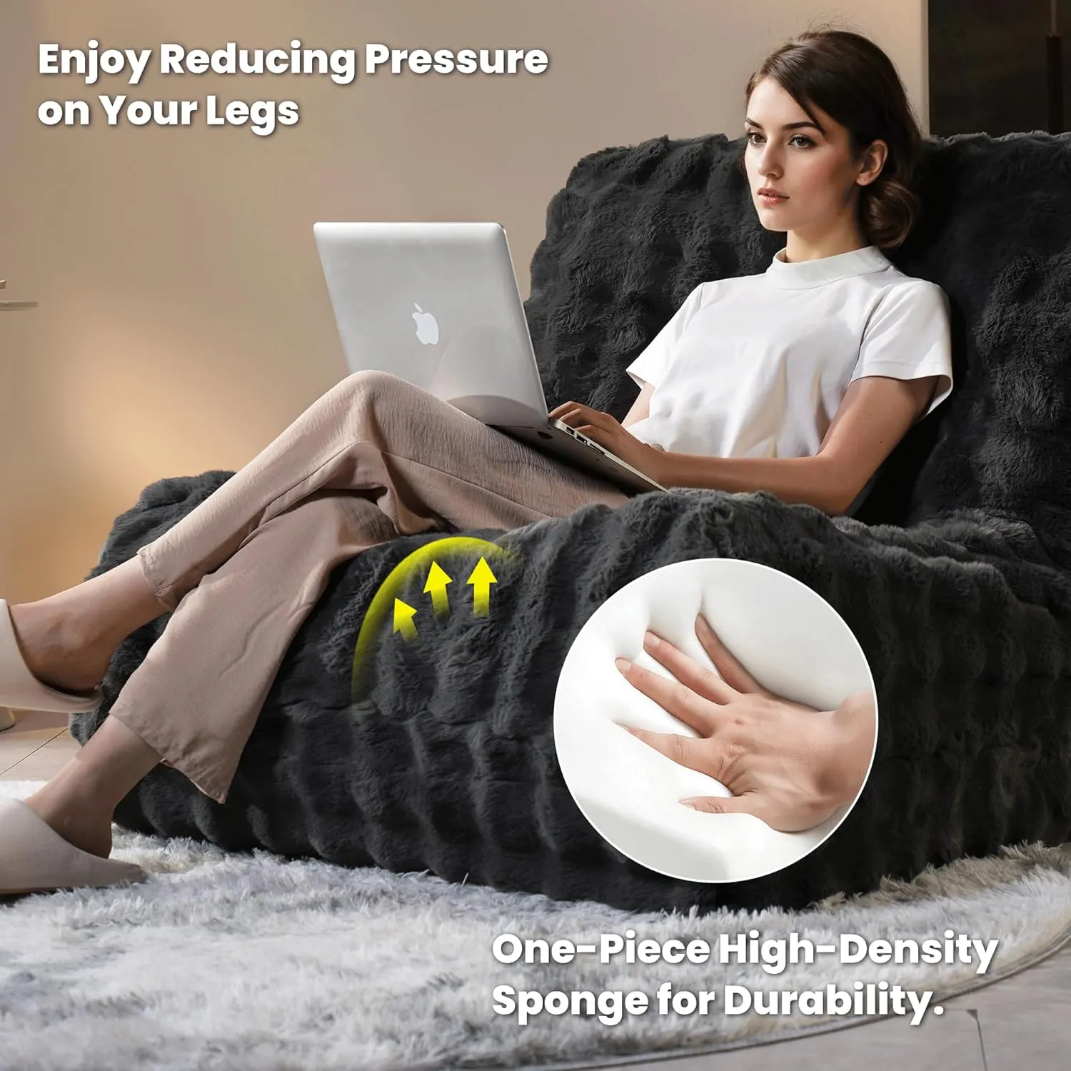 ovios Bean Bag Chair for Adult, Oversized Giant Beanbag with Plush Faux Fur, Comfy Large Big Lounger Floor Lazy Chair for Indoor Fireside Living Room Bedroom Dorm, Dark Grey