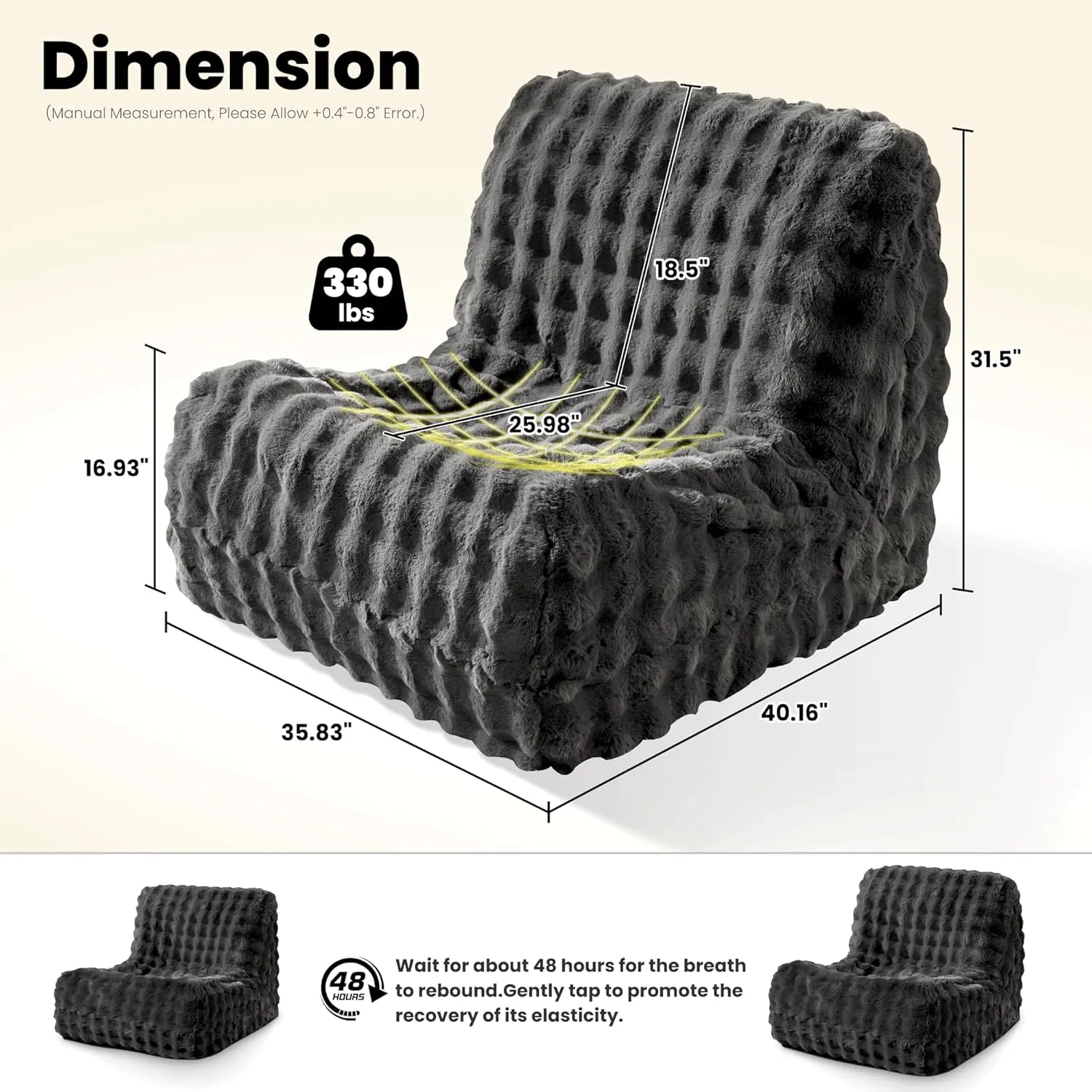 ovios Bean Bag Chair for Adult, Oversized Giant Beanbag with Plush Faux Fur, Comfy Large Big Lounger Floor Lazy Chair for Indoor Fireside Living Room Bedroom Dorm, Dark Grey