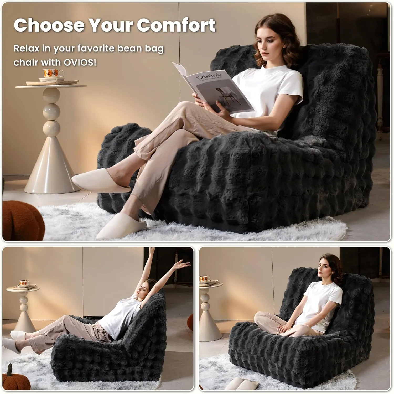 ovios Bean Bag Chair for Adult, Oversized Giant Beanbag with Plush Faux Fur, Comfy Large Big Lounger Floor Lazy Chair for Indoor Fireside Living Room Bedroom Dorm, Dark Grey