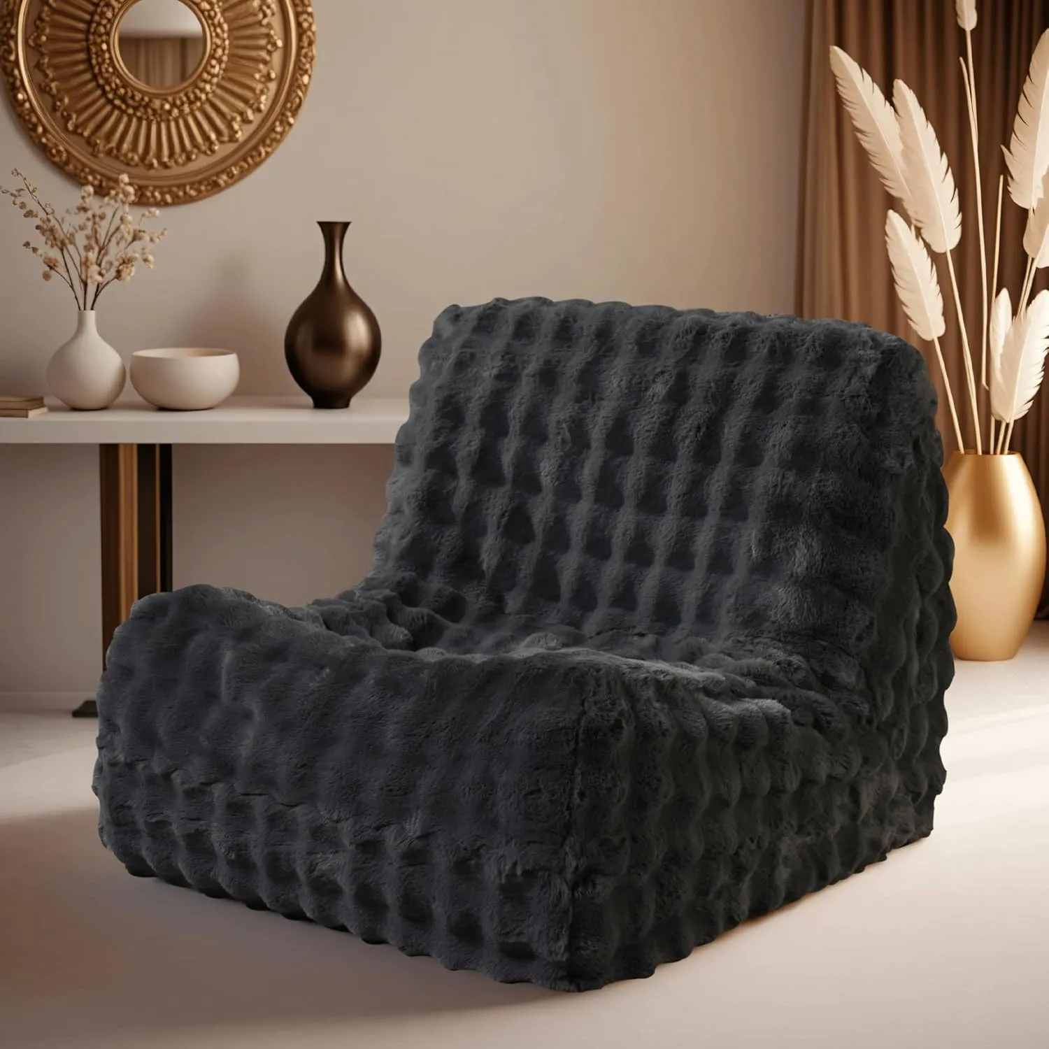 ovios Bean Bag Chair for Adult, Oversized Giant Beanbag with Plush Faux Fur, Comfy Large Big Lounger Floor Lazy Chair for Indoor Fireside Living Room Bedroom Dorm, Dark Grey