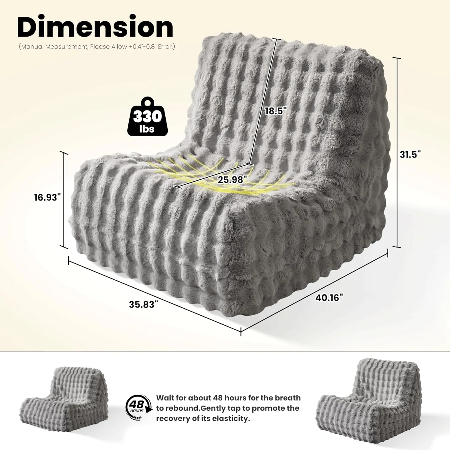 ovios Bean Bag Chair for Adult, Oversized Giant Beanbag with Plush Faux Fur, Comfy Large Big Lounger Floor Lazy Chair for Indoor Fireside Living Room Bedroom Dorm, Grey