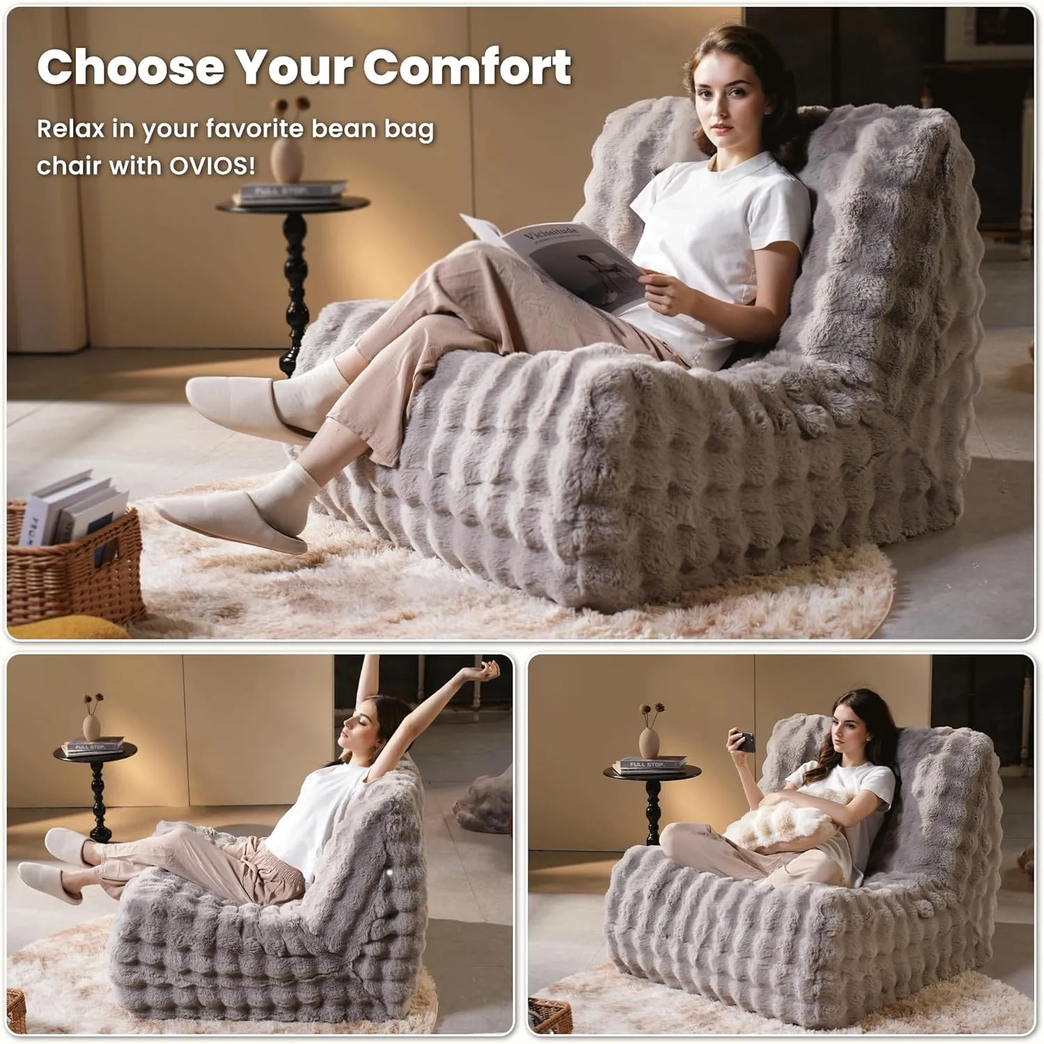 ovios Bean Bag Chair for Adult, Oversized Giant Beanbag with Plush Faux Fur, Comfy Large Big Lounger Floor Lazy Chair for Indoor Fireside Living Room Bedroom Dorm, Grey