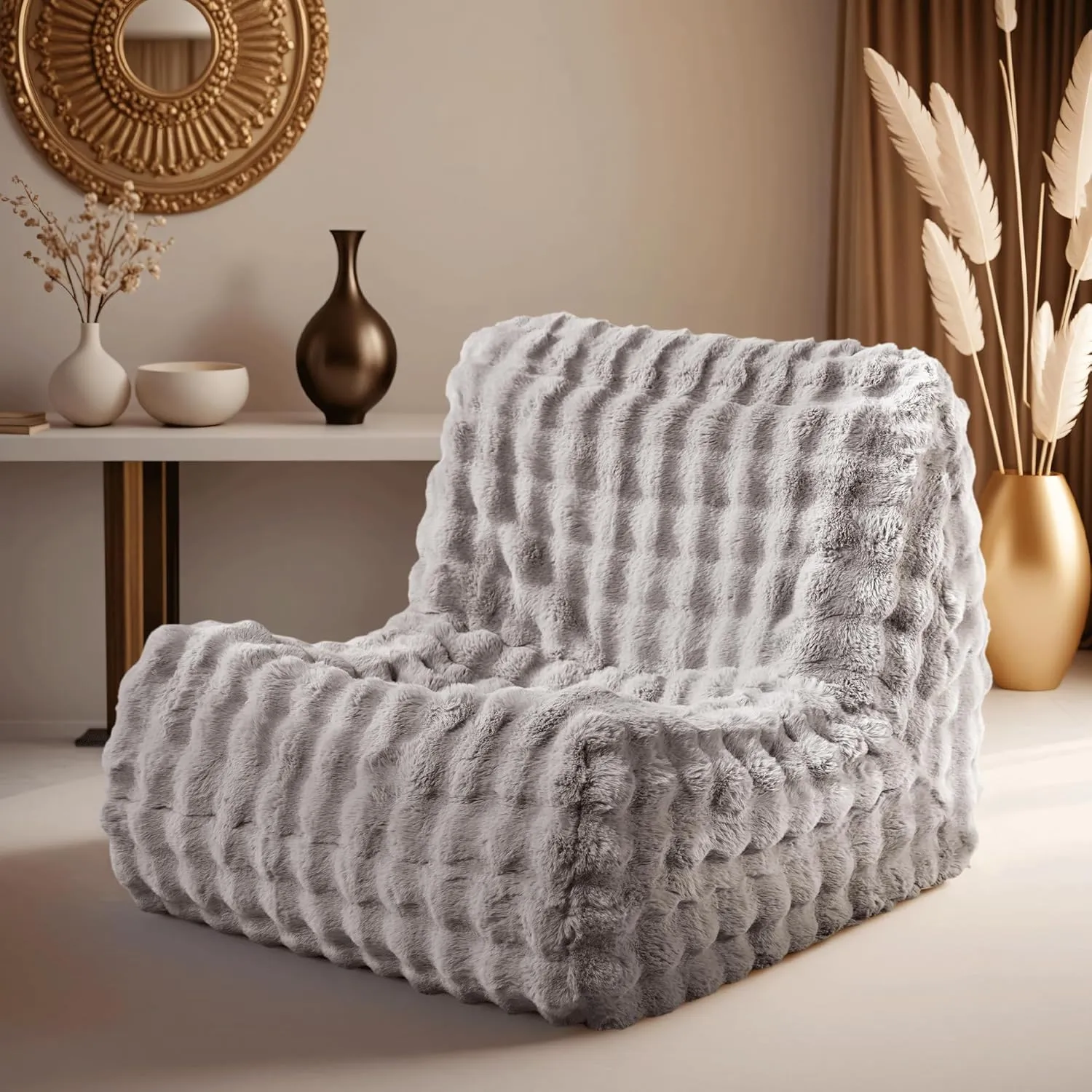 ovios Bean Bag Chair for Adult, Oversized Giant Beanbag with Plush Faux Fur, Comfy Large Big Lounger Floor Lazy Chair for Indoor Fireside Living Room Bedroom Dorm, Grey