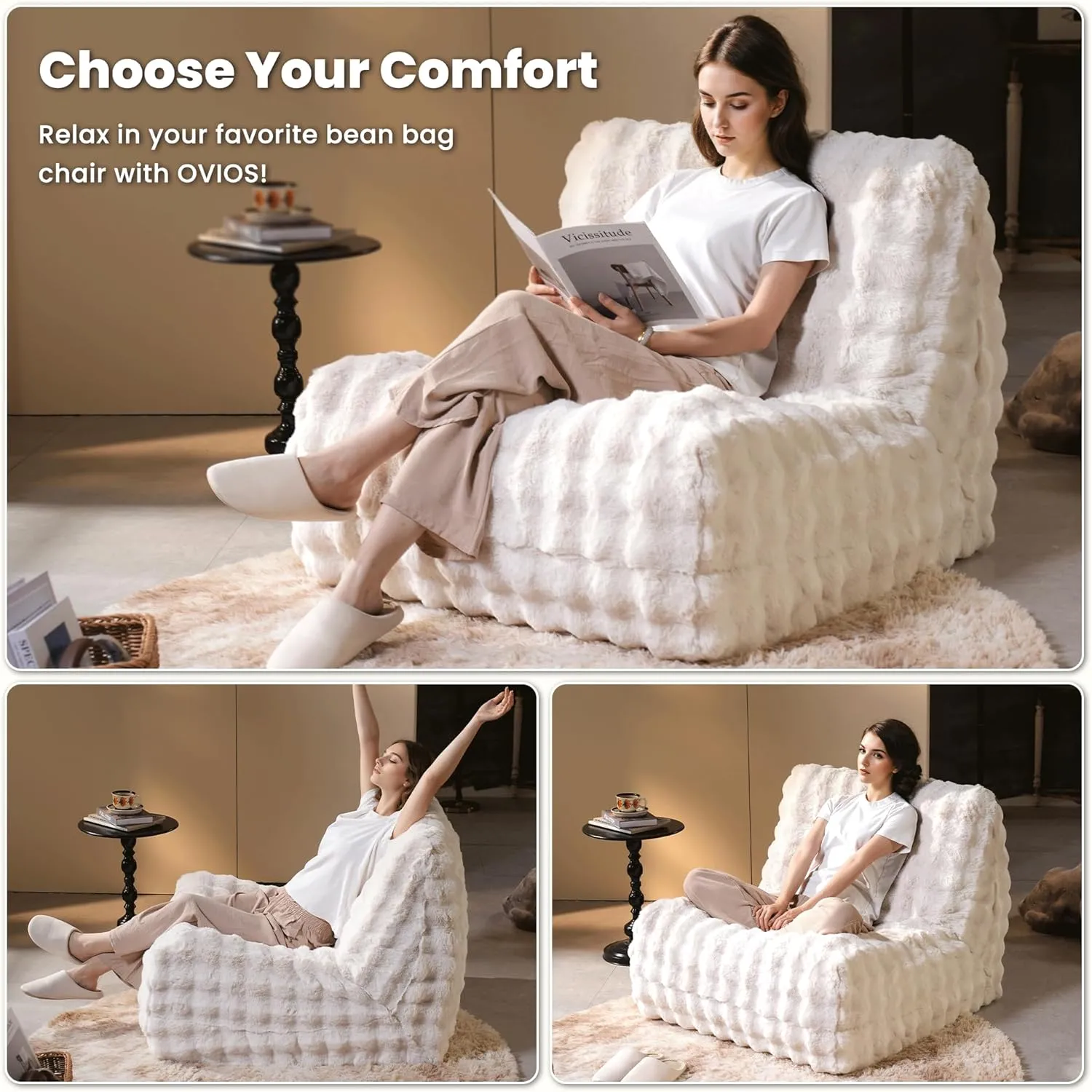 ovios Bean Bag Chair for Adult, Oversized Giant Beanbag with Plush Faux Fur, Comfy Large Big Lounger Floor Lazy Chair for Indoor Fireside Living Room Bedroom Dorm, White
