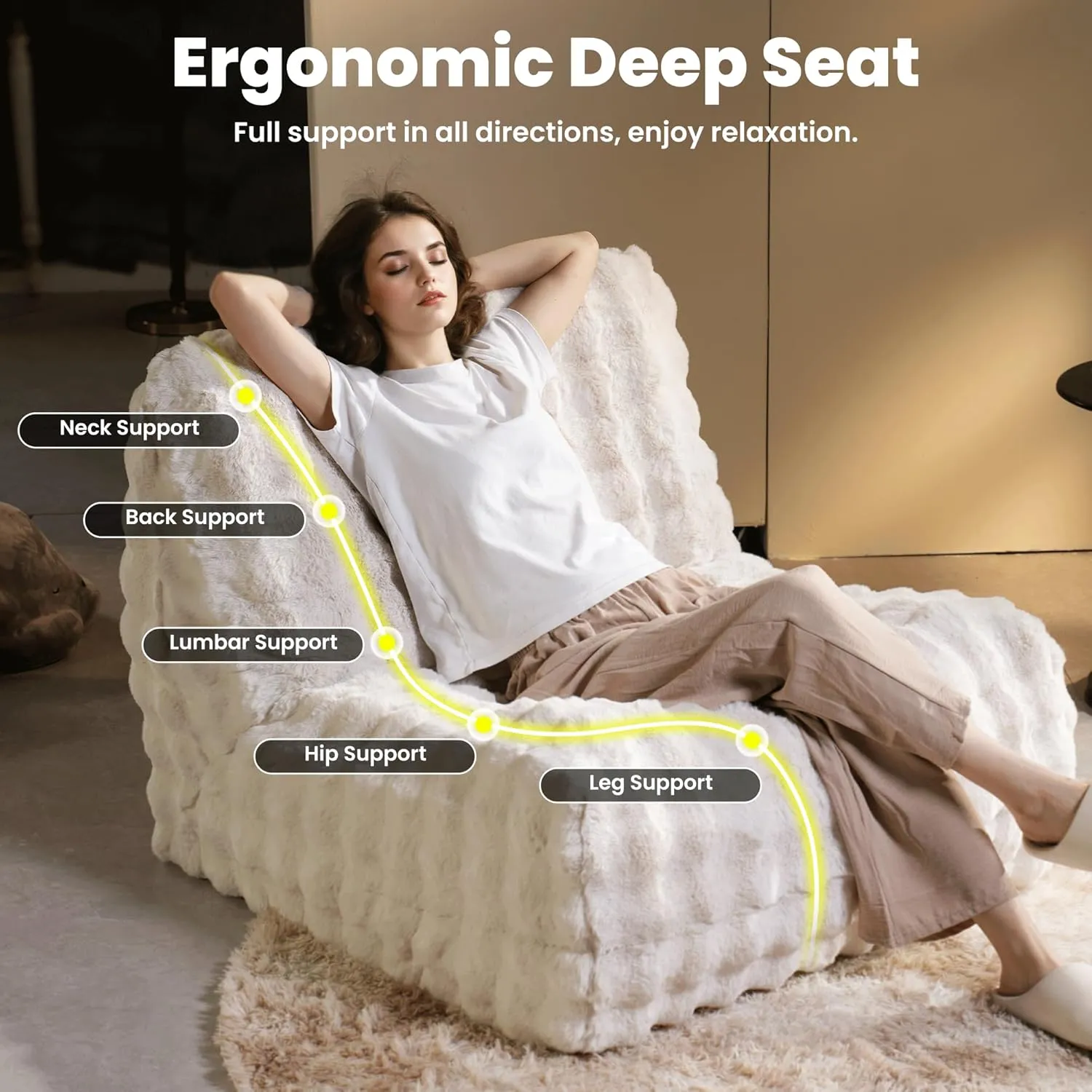 ovios Bean Bag Chair for Adult, Oversized Giant Beanbag with Plush Faux Fur, Comfy Large Big Lounger Floor Lazy Chair for Indoor Fireside Living Room Bedroom Dorm, White