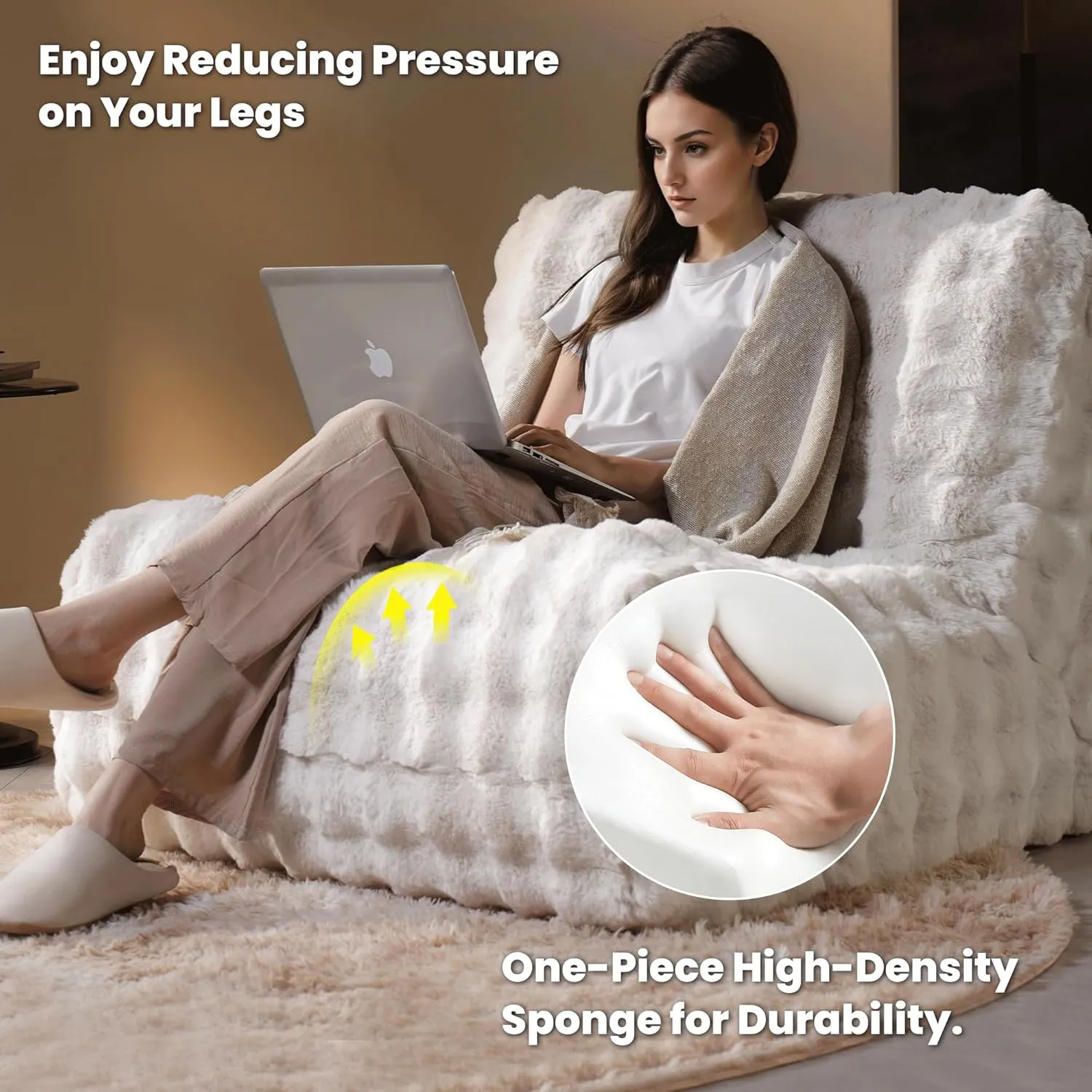 ovios Bean Bag Chair for Adult, Oversized Giant Beanbag with Plush Faux Fur, Comfy Large Big Lounger Floor Lazy Chair for Indoor Fireside Living Room Bedroom Dorm, White