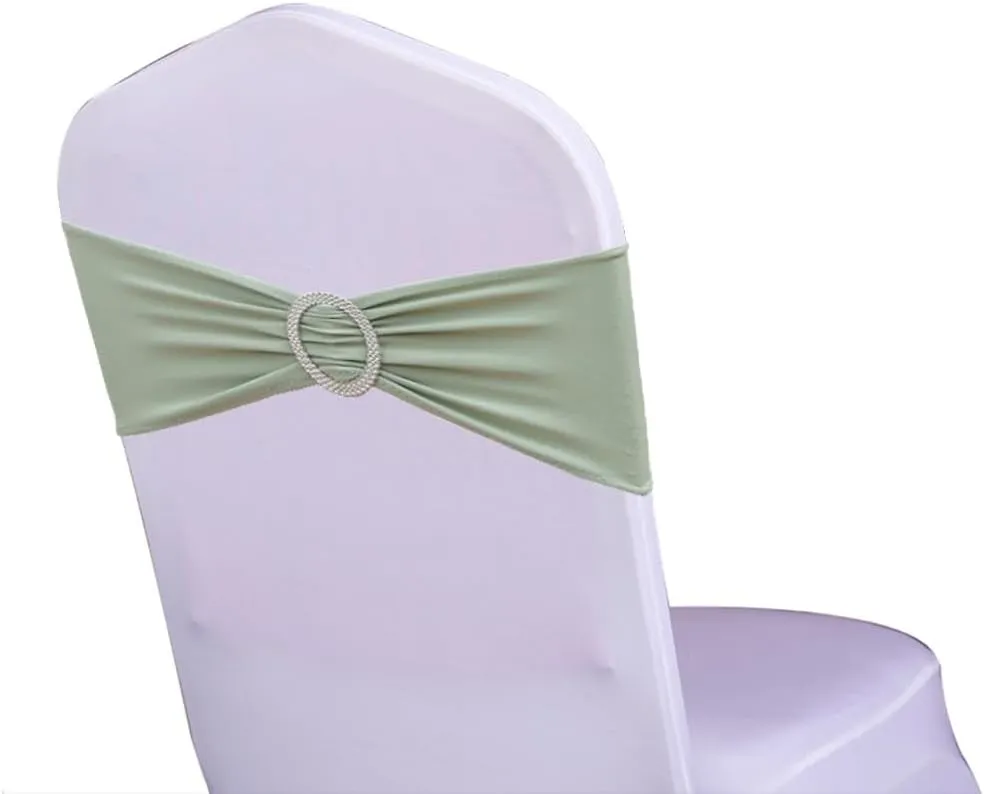 Pack of 100 Stretch Sage Green Chair Sashes for Wedding, Elastic Lycra Chair Bands with Buckle Slider, Spandex Chair Bows for Party, Without White Chair Covers (Sage Green)
