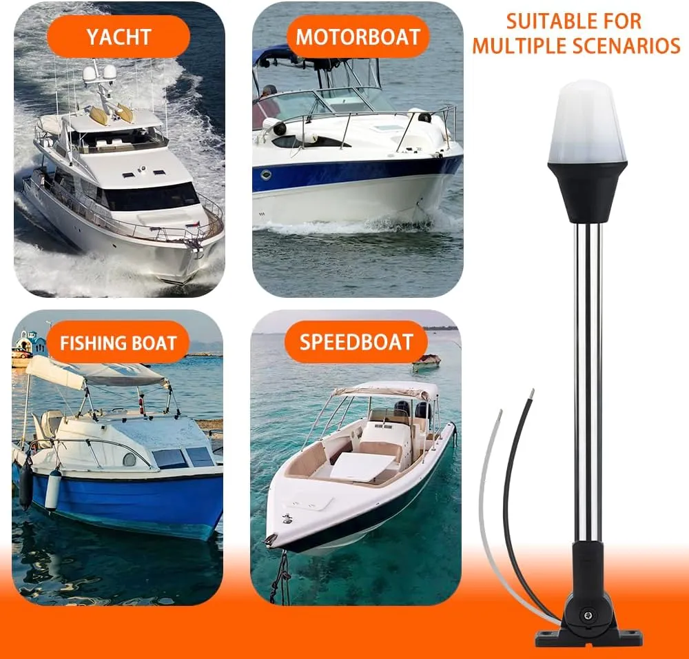 Pactrade Marine All-Round Boat Navigation Lights - 16-Inch LED White Stern Light (Surface Mount, Dual Fold-Down Bases) - Boat Accessories for Pontoon, Yacht, Kayak