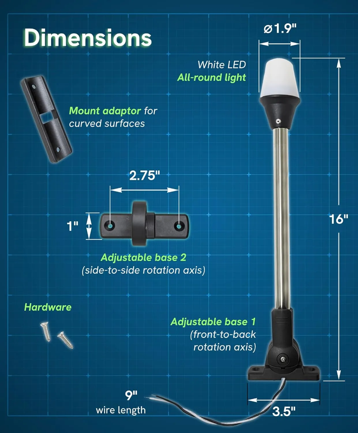Pactrade Marine All-Round Boat Navigation Lights - 16-Inch LED White Stern Light (Surface Mount, Dual Fold-Down Bases) - Boat Accessories for Pontoon, Yacht, Kayak