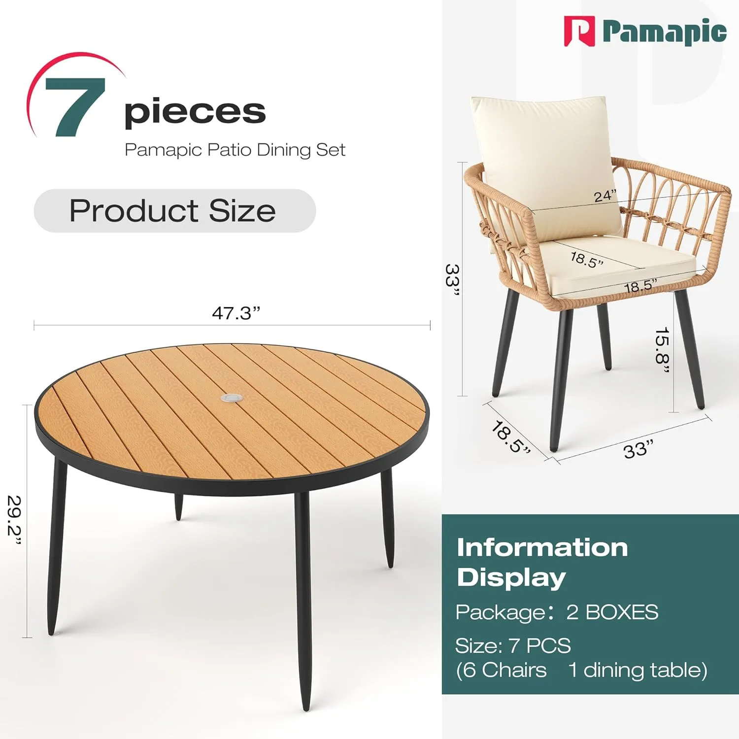 Pamapic 7 Pieces Outdoor Dining Set,All-Weather PE Rattan Patio Dining Sets with Wood Table Top, Outdoor Table and Chairs for 6 with Removable Cushion for Lawn Garden Patio, Cream