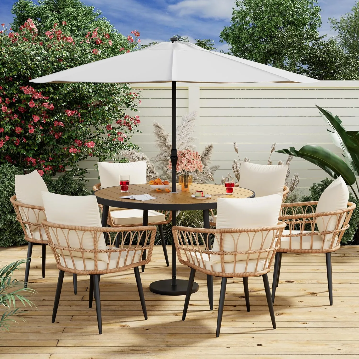 Pamapic 7 Pieces Outdoor Dining Set,All-Weather PE Rattan Patio Dining Sets with Wood Table Top, Outdoor Table and Chairs for 6 with Removable Cushion for Lawn Garden Patio, Cream