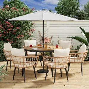 Pamapic 7 Pieces Outdoor Dining Set,All-Weather PE Rattan Patio Dining Sets with Wood Table Top, Outdoor Table and Chairs for 6 with Removable Cushion for Lawn Garden Patio, Cream