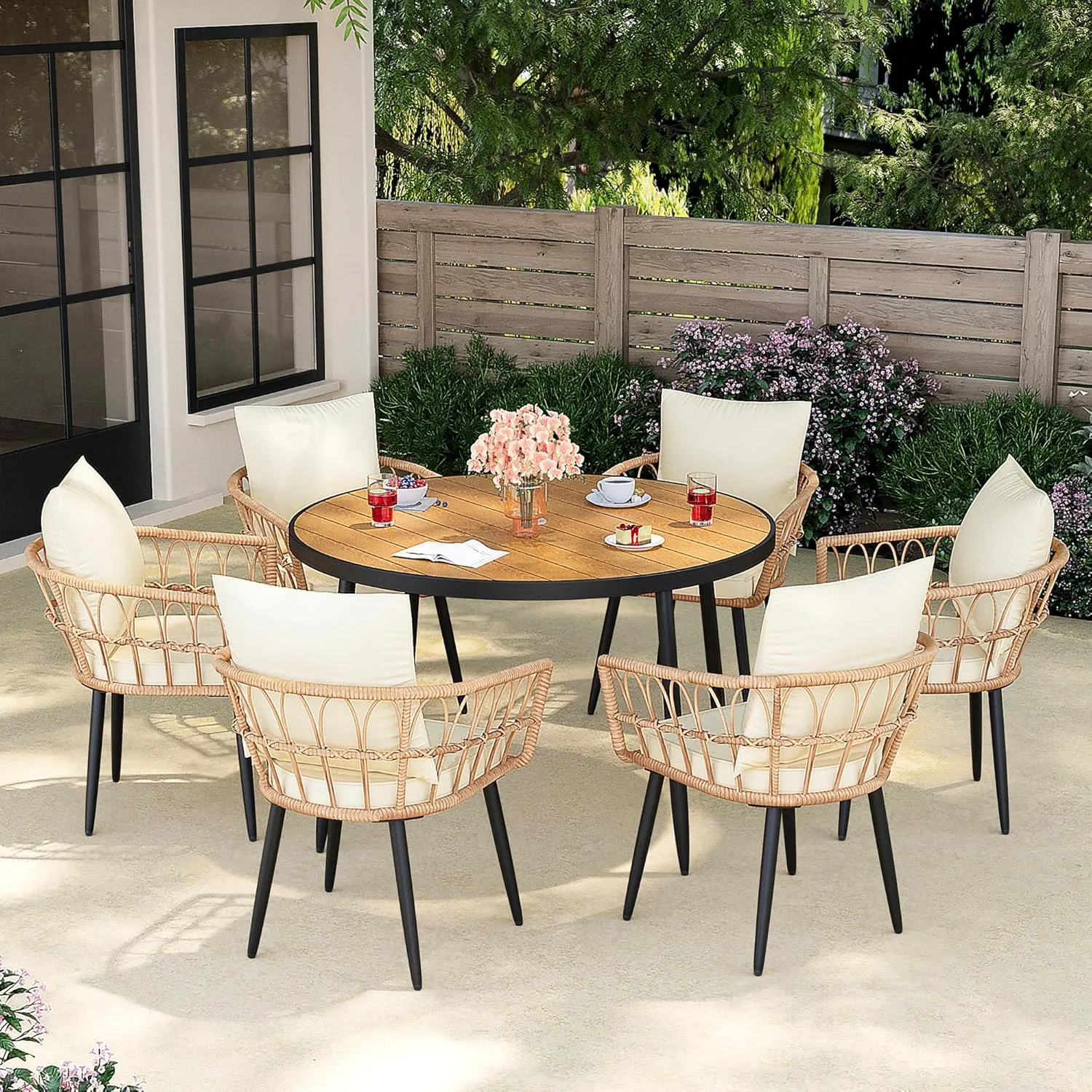 Pamapic 7 Pieces Outdoor Dining Set,All-Weather PE Rattan Patio Dining Sets with Wood Table Top, Outdoor Table and Chairs for 6 with Removable Cushion for Lawn Garden Patio, Cream