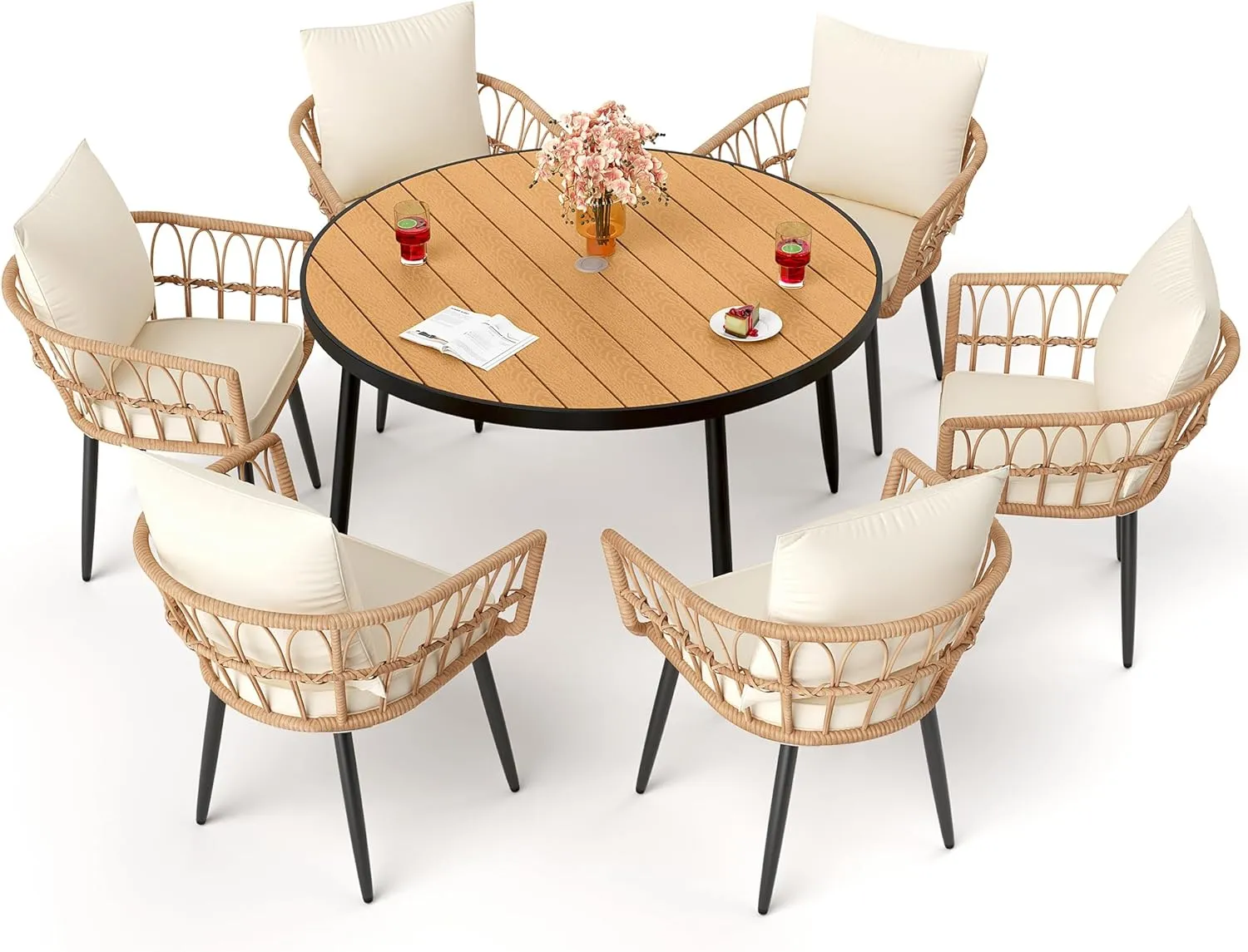 Pamapic 7 Pieces Outdoor Dining Set,All-Weather PE Rattan Patio Dining Sets with Wood Table Top, Outdoor Table and Chairs for 6 with Removable Cushion for Lawn Garden Patio, Cream