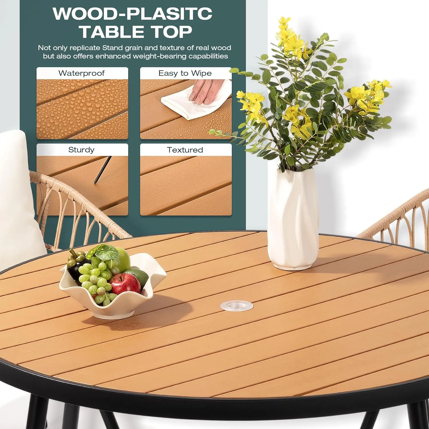 Pamapic 7 Pieces Outdoor Dining Set,All-Weather PE Rattan Patio Dining Sets with Wood Table Top, Outdoor Table and Chairs for 6 with Removable Cushion for Lawn Garden Patio, Cream