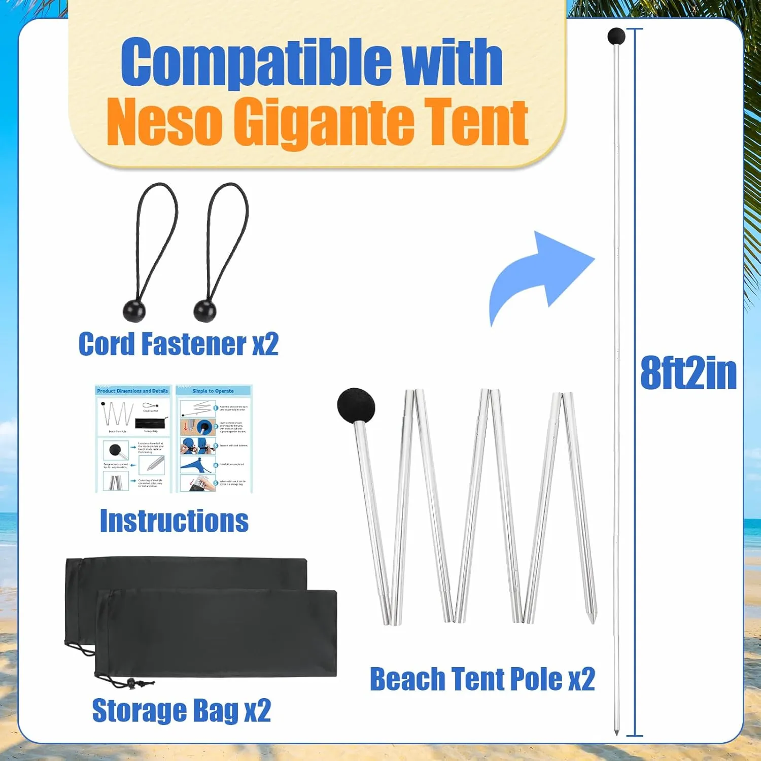 PAMASE Beach Tent Poles Replacement - 8ft2in Extra Poles fits Neso Gigante Canopy, 2 Packs Foldable Portable Aluminum Alloy Repairing Fixing Accessories for Camping Parties Fishing Hiking