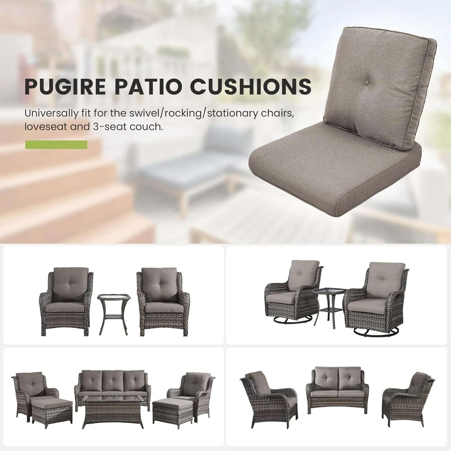 Patio Chair Cushions Set of 3 - Outside Heavy Duty Thick Water-Resistant Cushion 22x24 with Zipper Cover for Patio Glider Rocking Chairs Loveseat Couch – Grey/Button