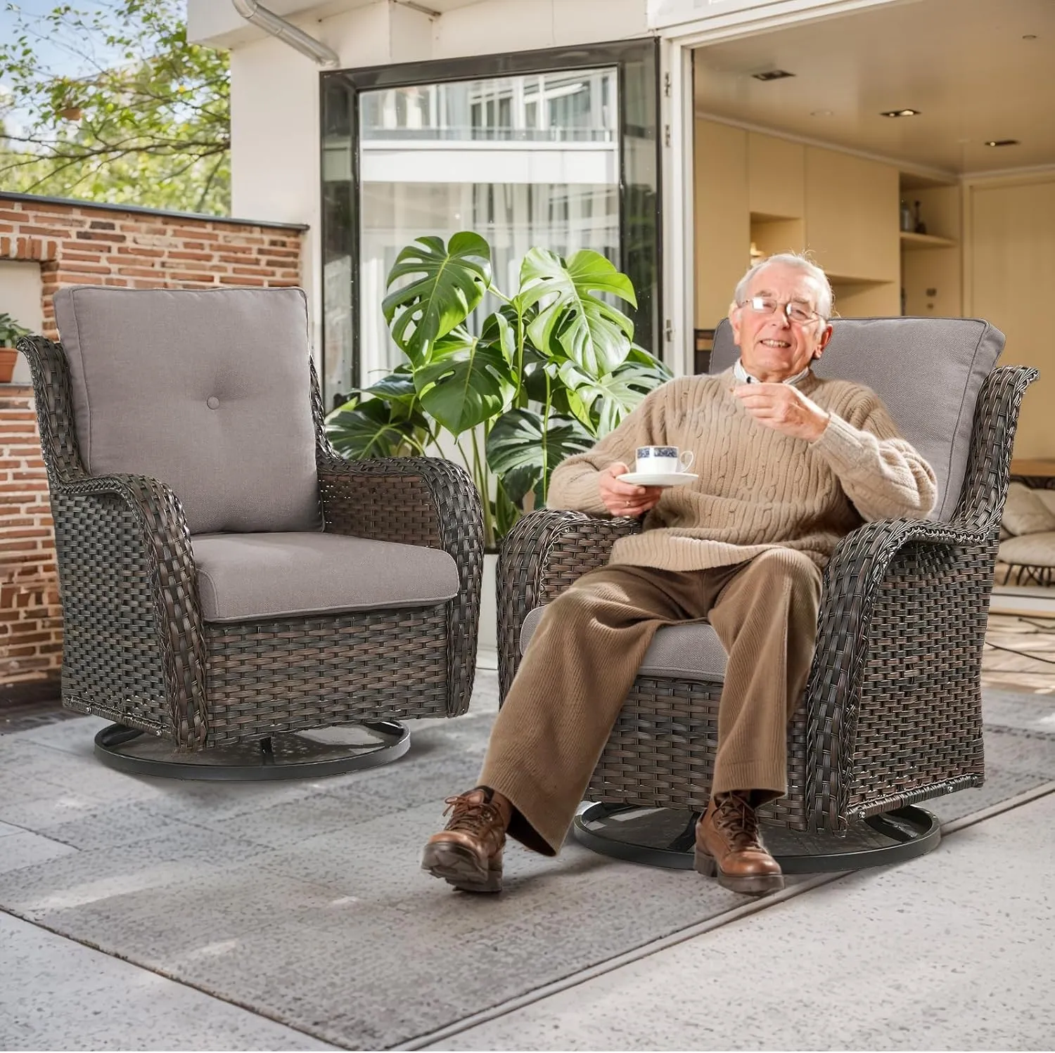 Patio Chair Cushions Set of 3 - Outside Heavy Duty Thick Water-Resistant Cushion 22x24 with Zipper Cover for Patio Glider Rocking Chairs Loveseat Couch – Grey/Button