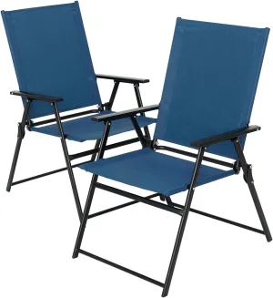 Patio Folding Chairs Set of 2, Outdoor Portable Dining Chair with Sling Back and Armrests for Lawn Camping Courtyard Balcony Garden Blue