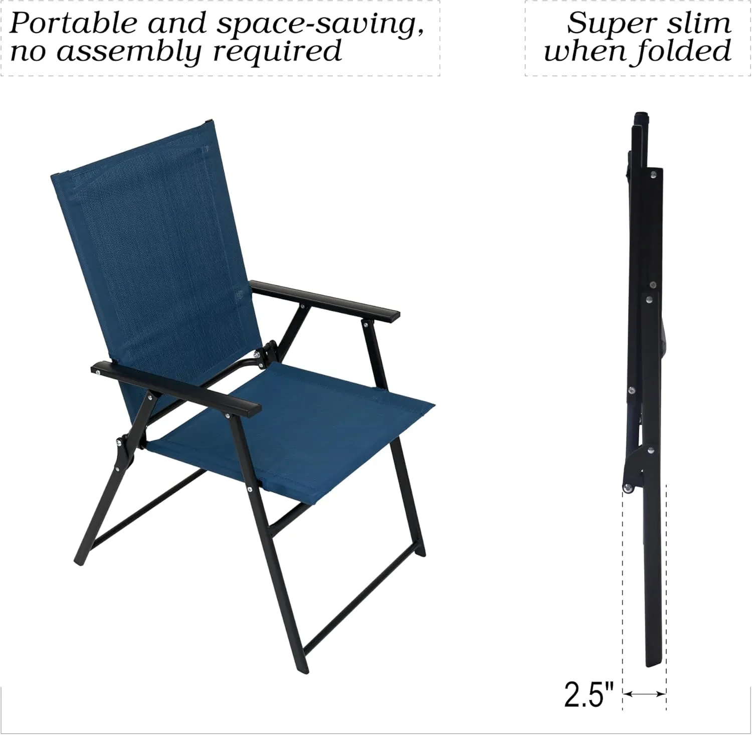 Patio Folding Chairs Set of 2, Outdoor Portable Dining Chair with Sling Back and Armrests for Lawn Camping Courtyard Balcony Garden Blue
