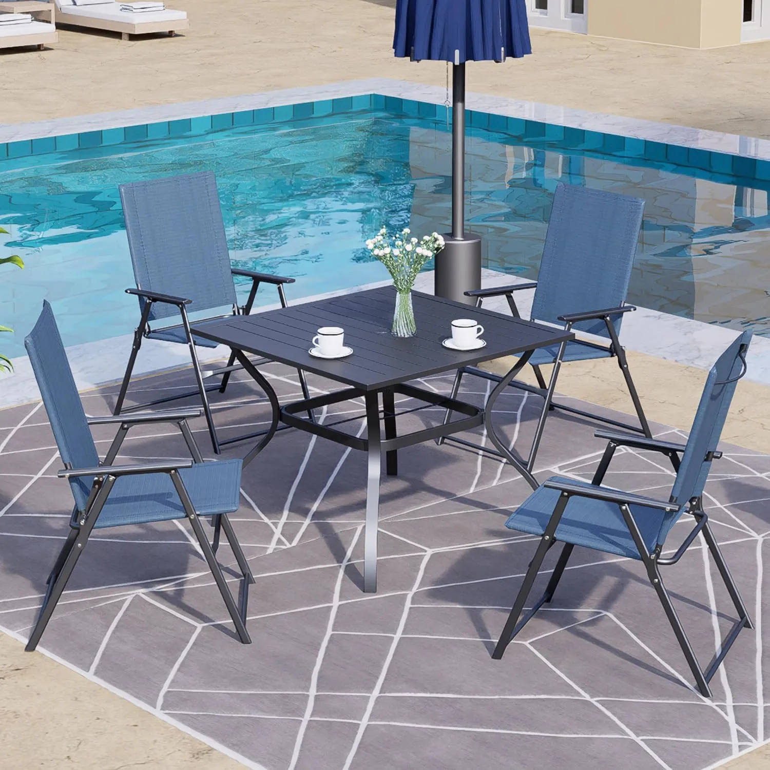 Patio Folding Chairs Set of 2, Outdoor Portable Dining Chair with Sling Back and Armrests for Lawn Camping Courtyard Balcony Garden Blue