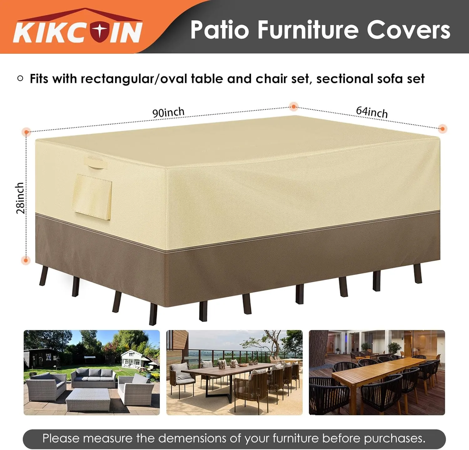 Patio Furniture Covers Waterproof for Table and Chairs, Rectangular Outdoor Furniture Set Cover, Anti-Fade, Tear/Water Resistant Patio Furniture Set Covers, 90"L x 64"W x 28"H