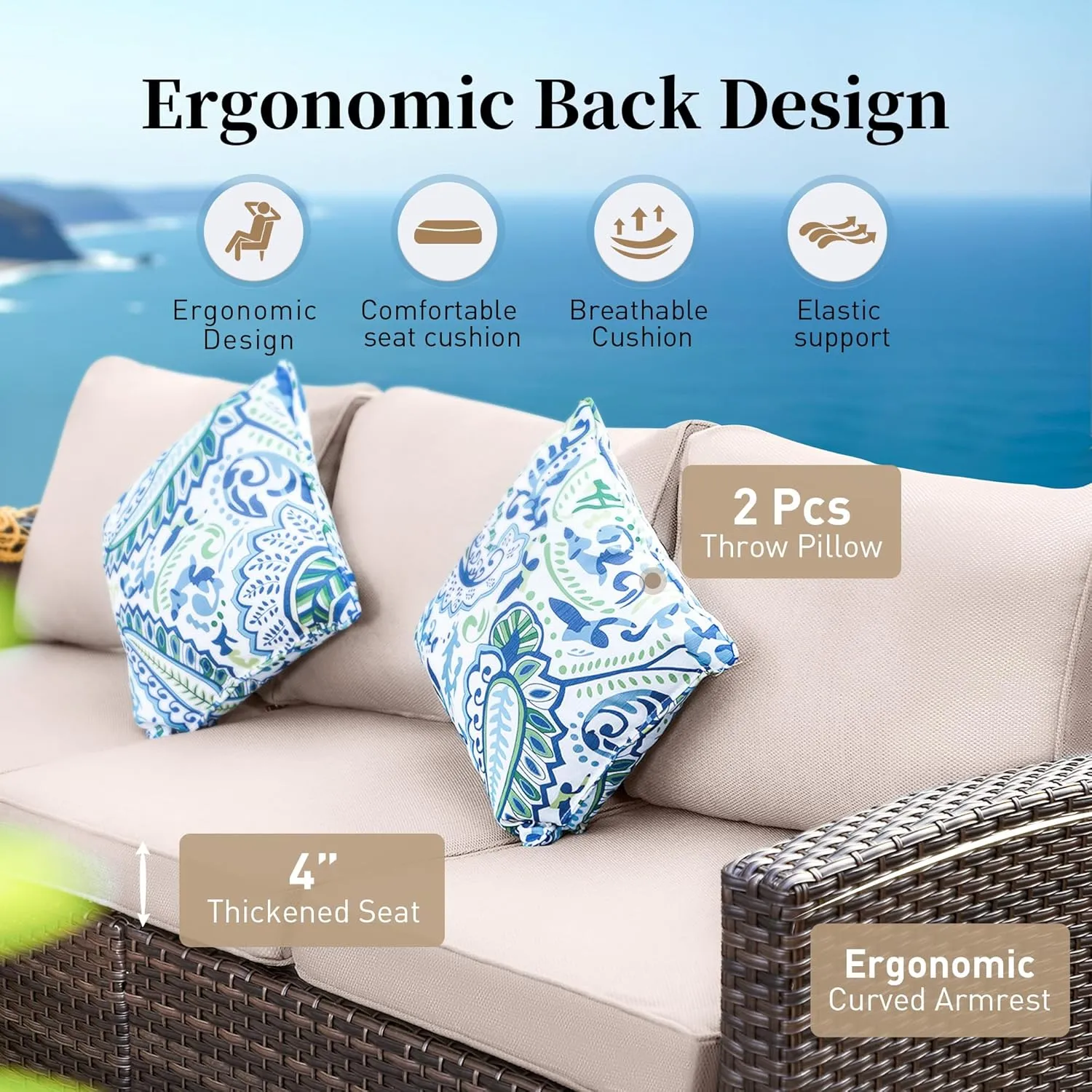 Patio Furniture Set Outdoor Furniture Brown Wicker Rattan Patio Conversation Sets with Cushion Outside Sofa Set,7 Pieces 9 Seats,Beige