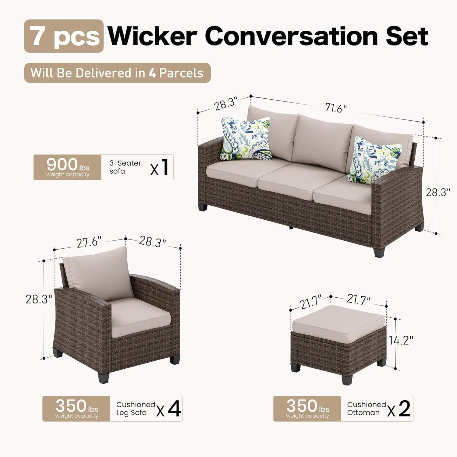 Patio Furniture Set Outdoor Furniture Brown Wicker Rattan Patio Conversation Sets with Cushion Outside Sofa Set,7 Pieces 9 Seats,Beige