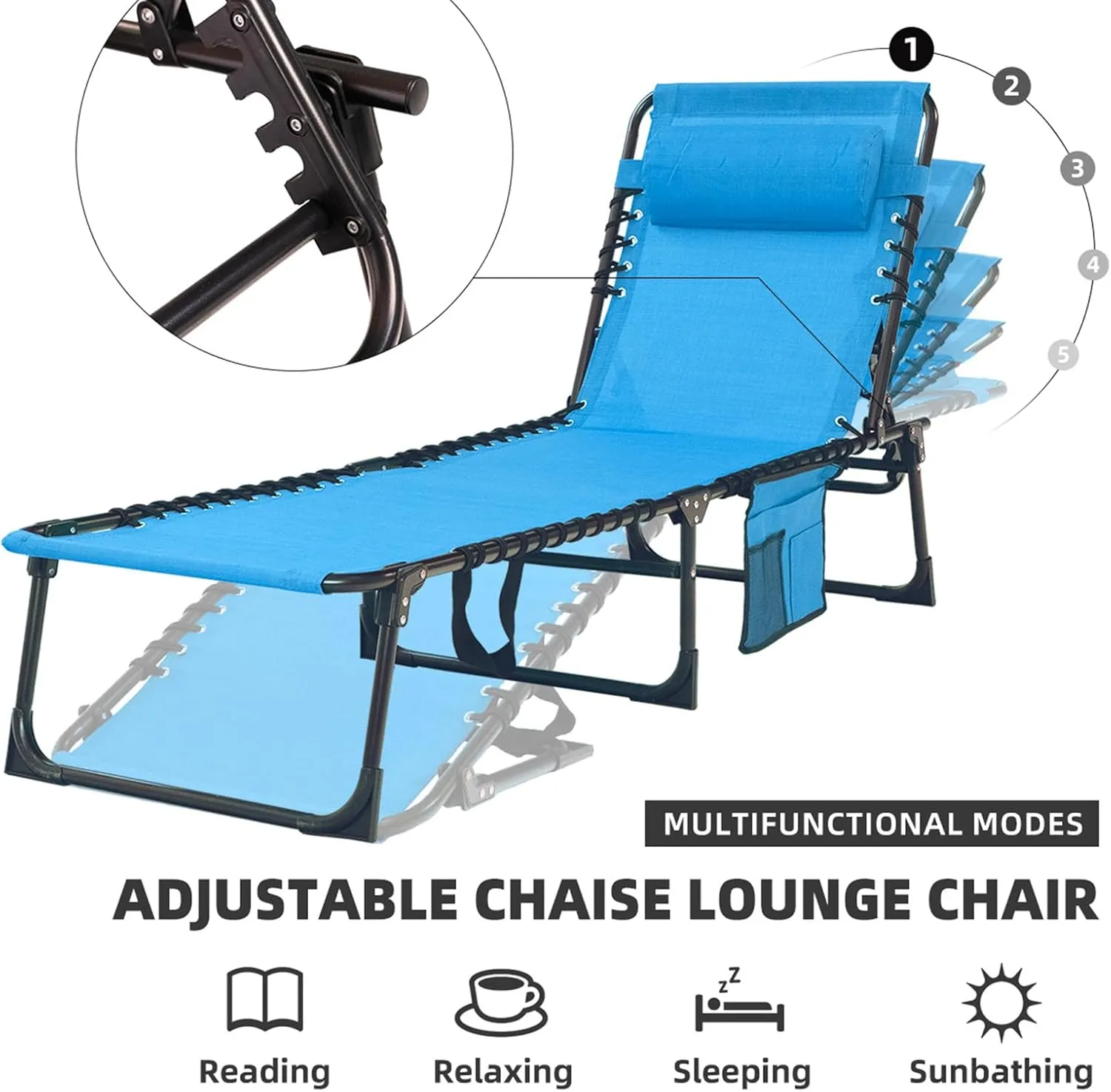 Patio Lounge Chair Folding Chaise Bed - Heavy-Duty 400lb Capacity Portable Adjustable Recliner w/Pillow for Pool, Camping, Sunbathing - Lay Flat Design (Blue)