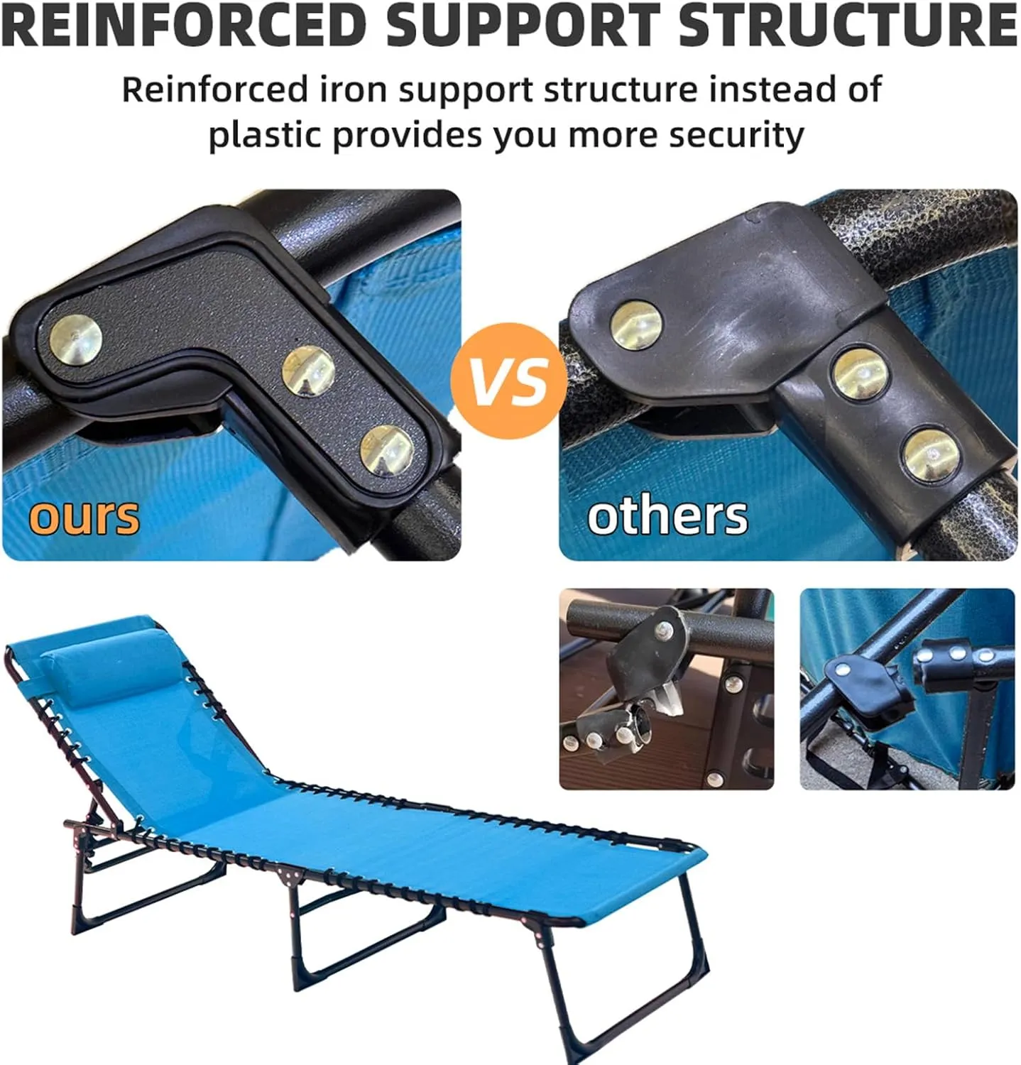 Patio Lounge Chair Folding Chaise Bed - Heavy-Duty 400lb Capacity Portable Adjustable Recliner w/Pillow for Pool, Camping, Sunbathing - Lay Flat Design (Blue)
