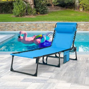 Patio Lounge Chair Folding Chaise Bed - Heavy-Duty 400lb Capacity Portable Adjustable Recliner w/Pillow for Pool, Camping, Sunbathing - Lay Flat Design (Blue)