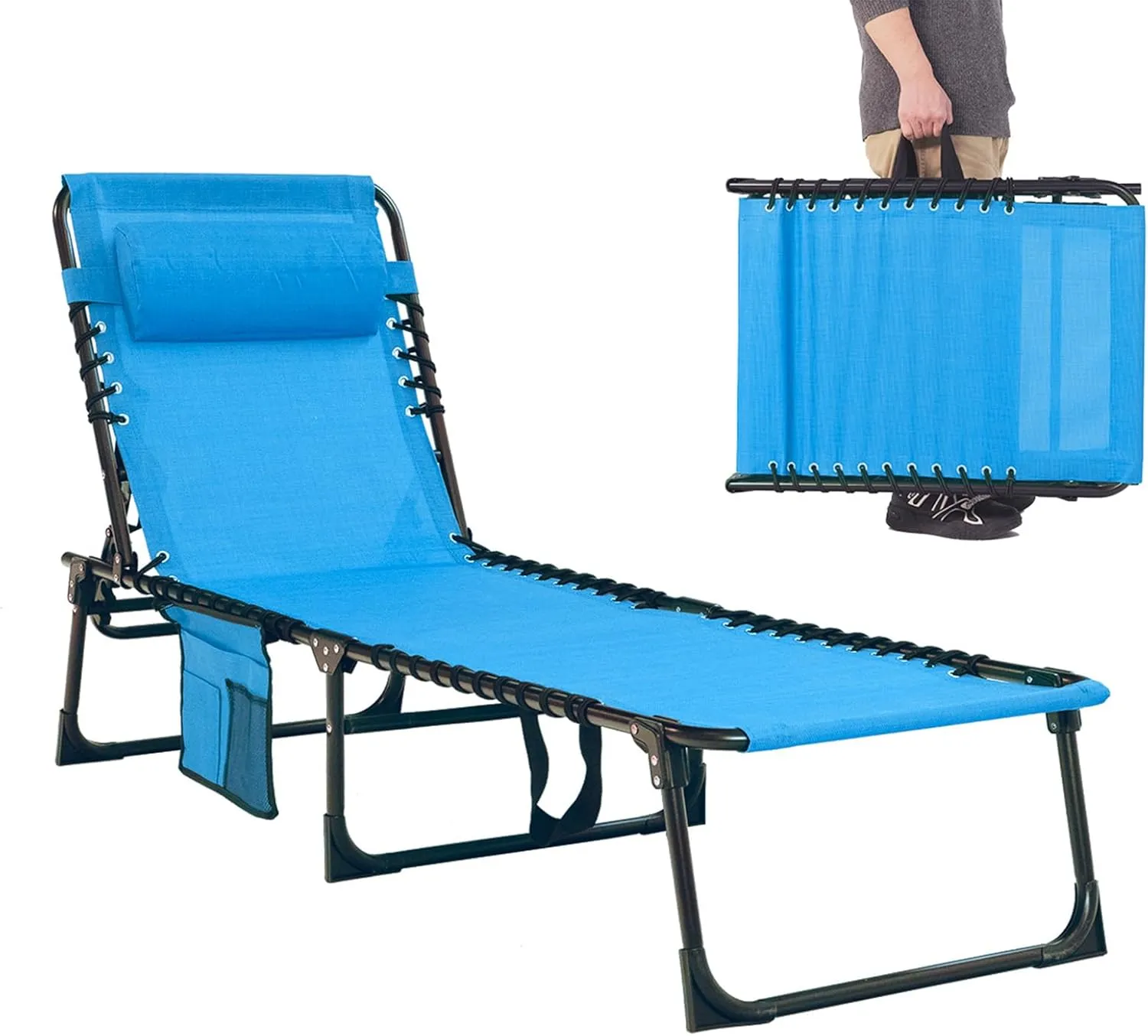 Patio Lounge Chair Folding Chaise Bed - Heavy-Duty 400lb Capacity Portable Adjustable Recliner w/Pillow for Pool, Camping, Sunbathing - Lay Flat Design (Blue)