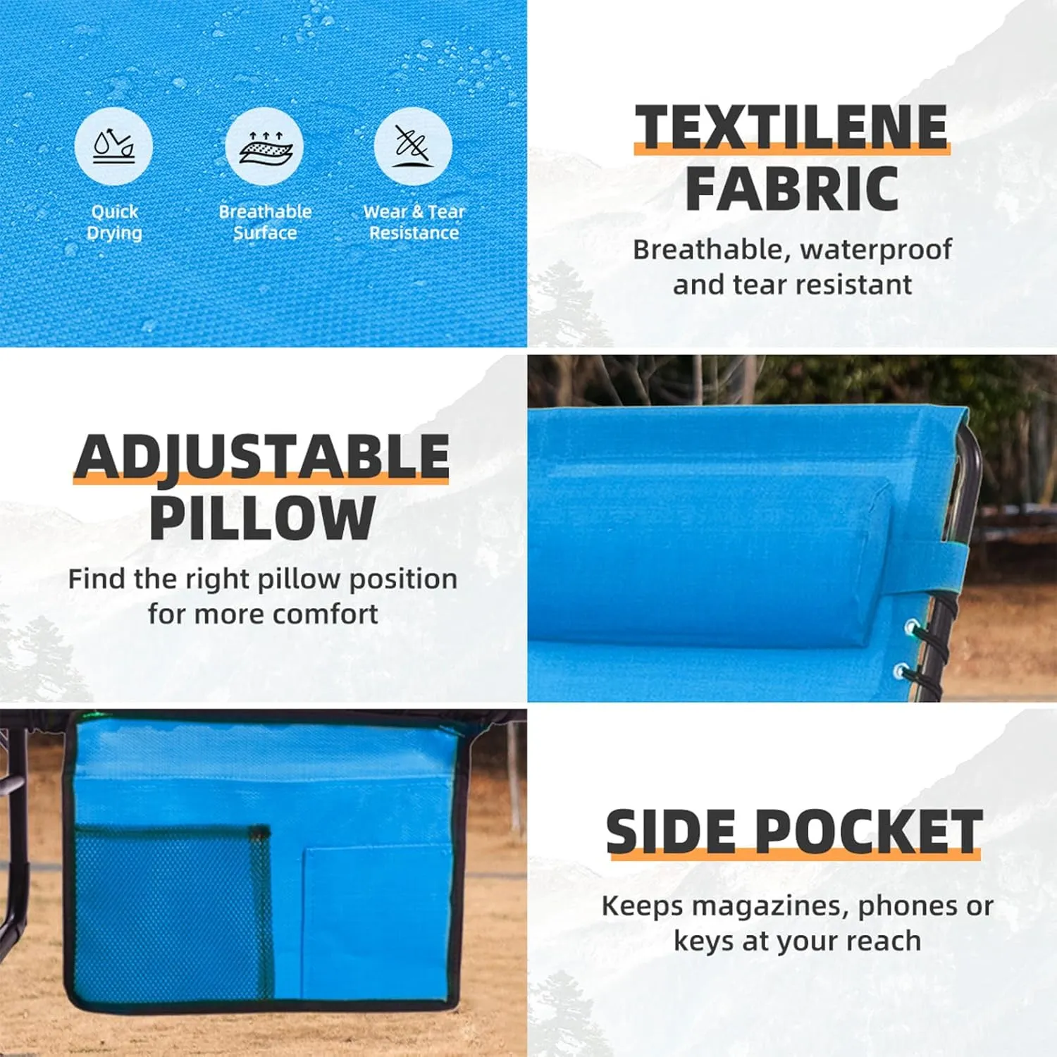 Patio Lounge Chair Folding Chaise Bed - Heavy-Duty 400lb Capacity Portable Adjustable Recliner w/Pillow for Pool, Camping, Sunbathing - Lay Flat Design (Blue)
